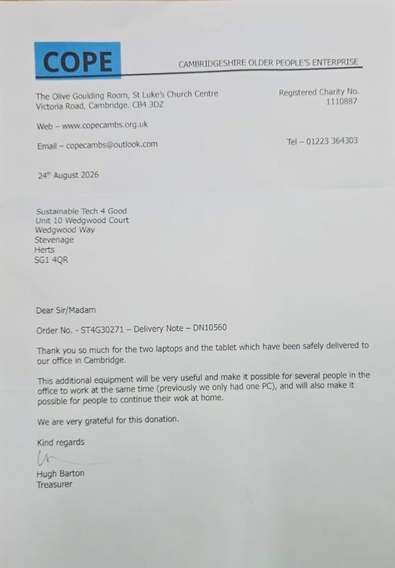 Sustainable Tech 4 Good were happy to help the Cambridgeshire Older Peoples Enterprise (COPE)