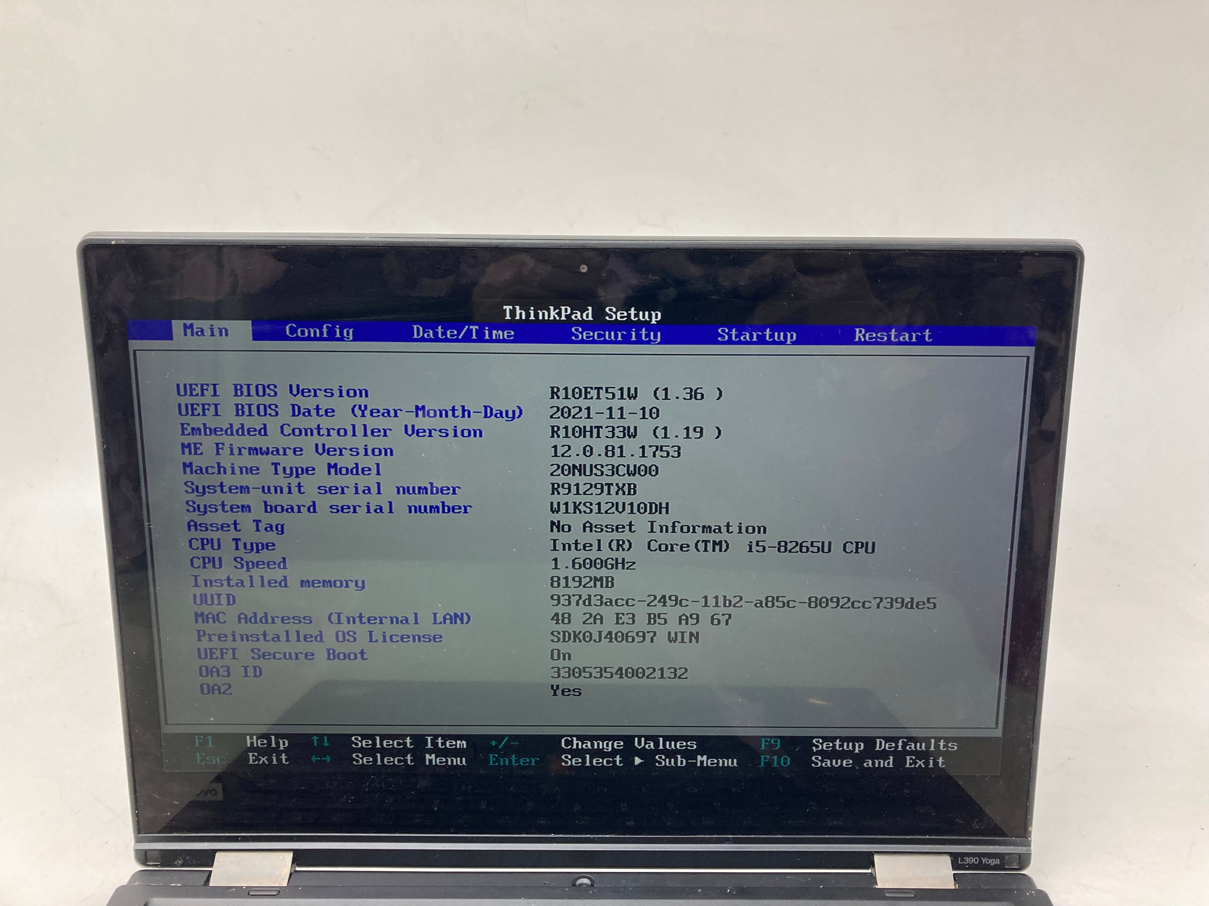 Lenovo L390 Yoga 13.3" Screen i5 8th Gen 16GB RAM No SSD No OS