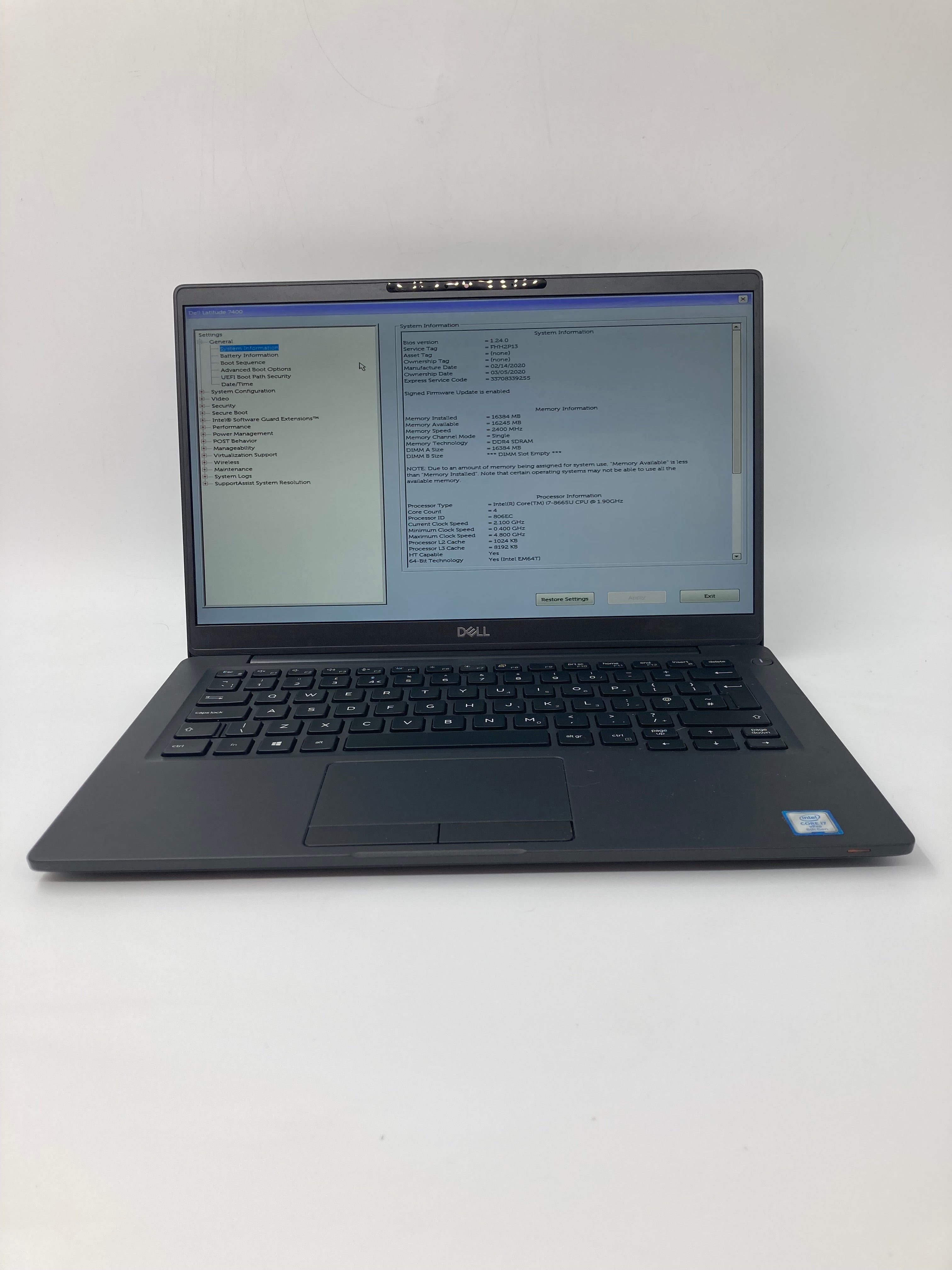 Dell Laptop Latitude 7400 14" Screen i7 8th Gen 16GB RAM No SSD No OS *Spares*