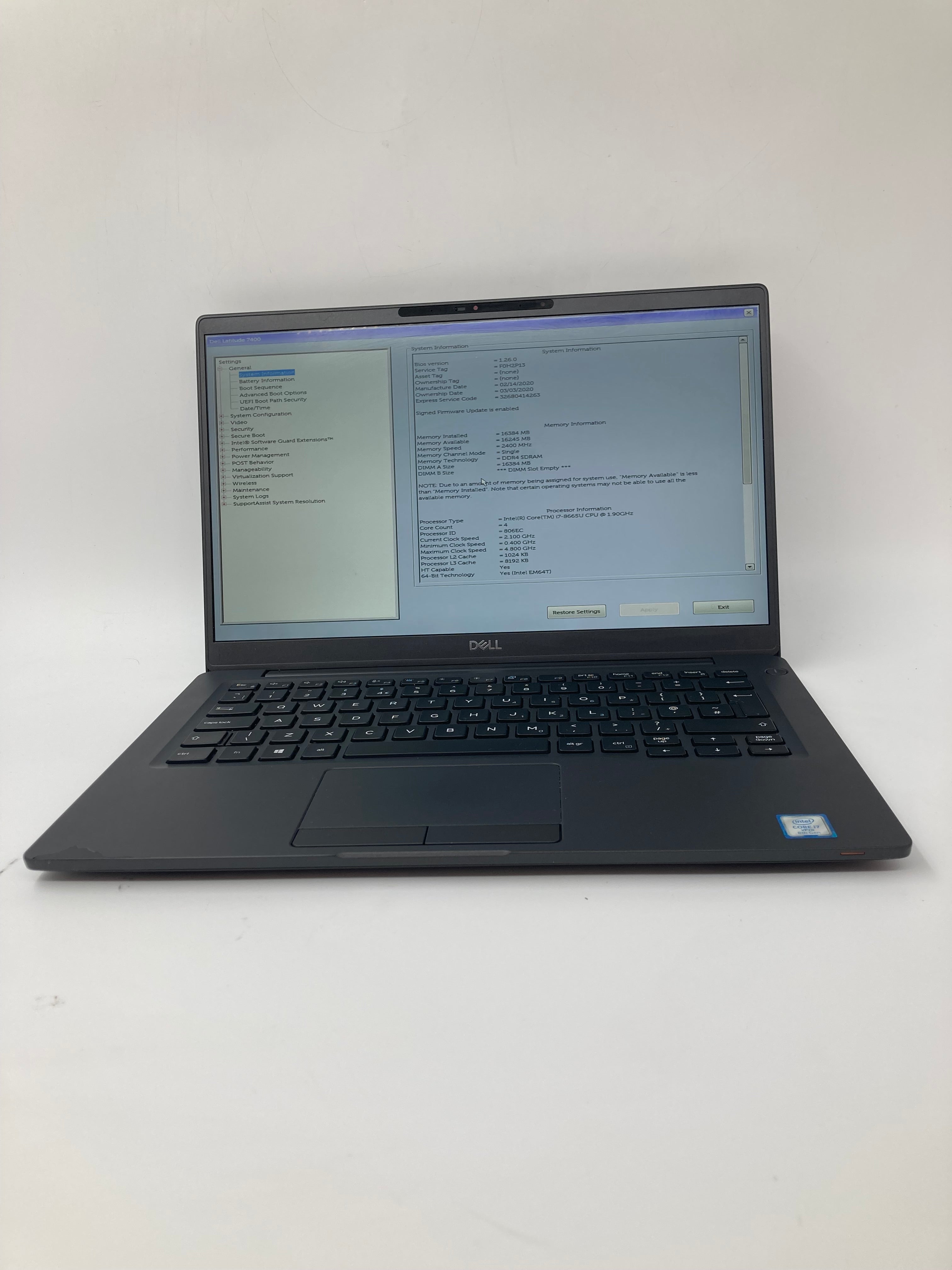 Dell Laptop Latitude 7400 14" Screen i7 8th Gen 16GB RAM No SSD No OS *Spares*