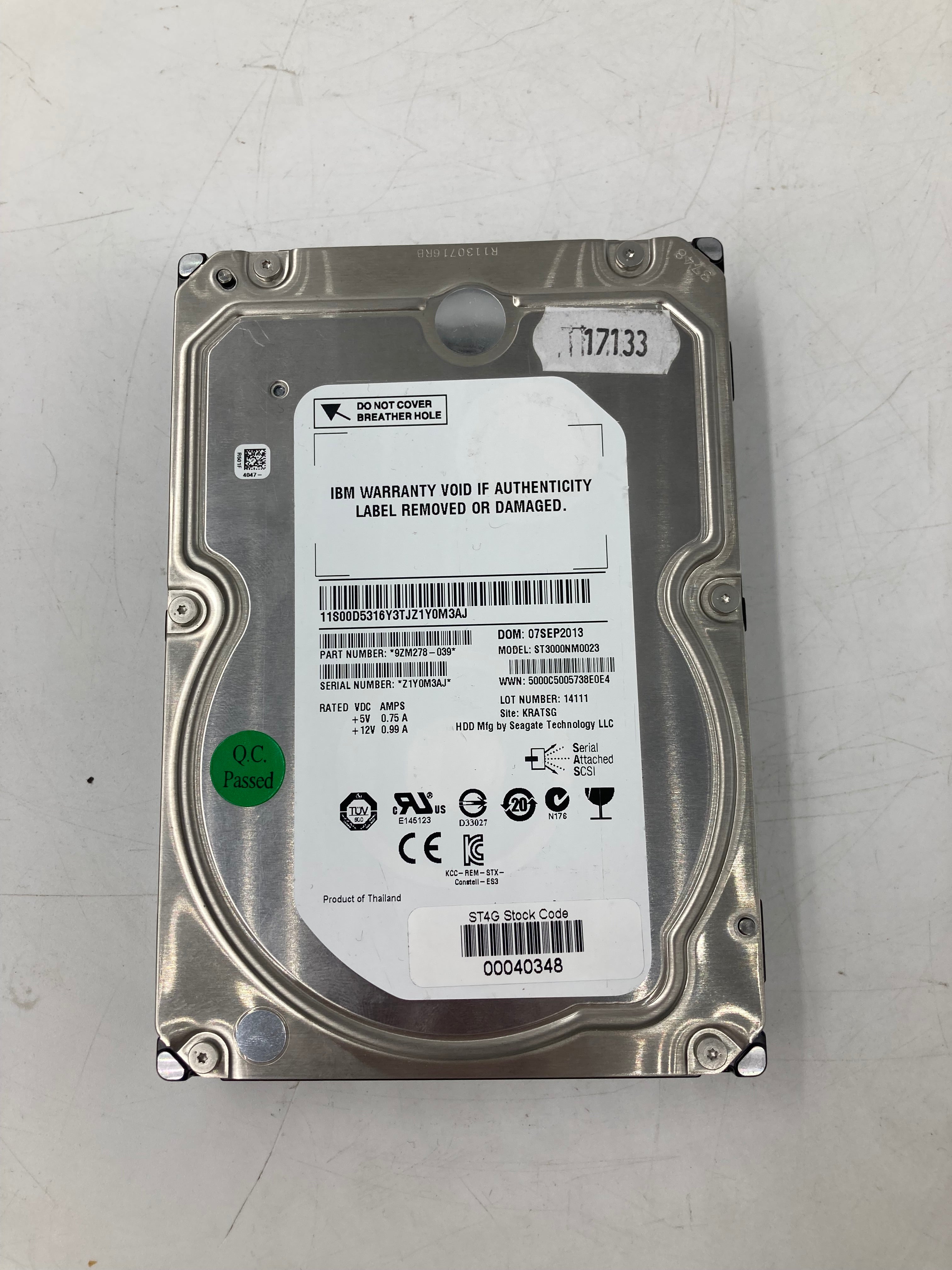IBM HDD 3.5" SAS 3TB 7.2K RPM 6.0 Gbps P/N 9ZM278-039