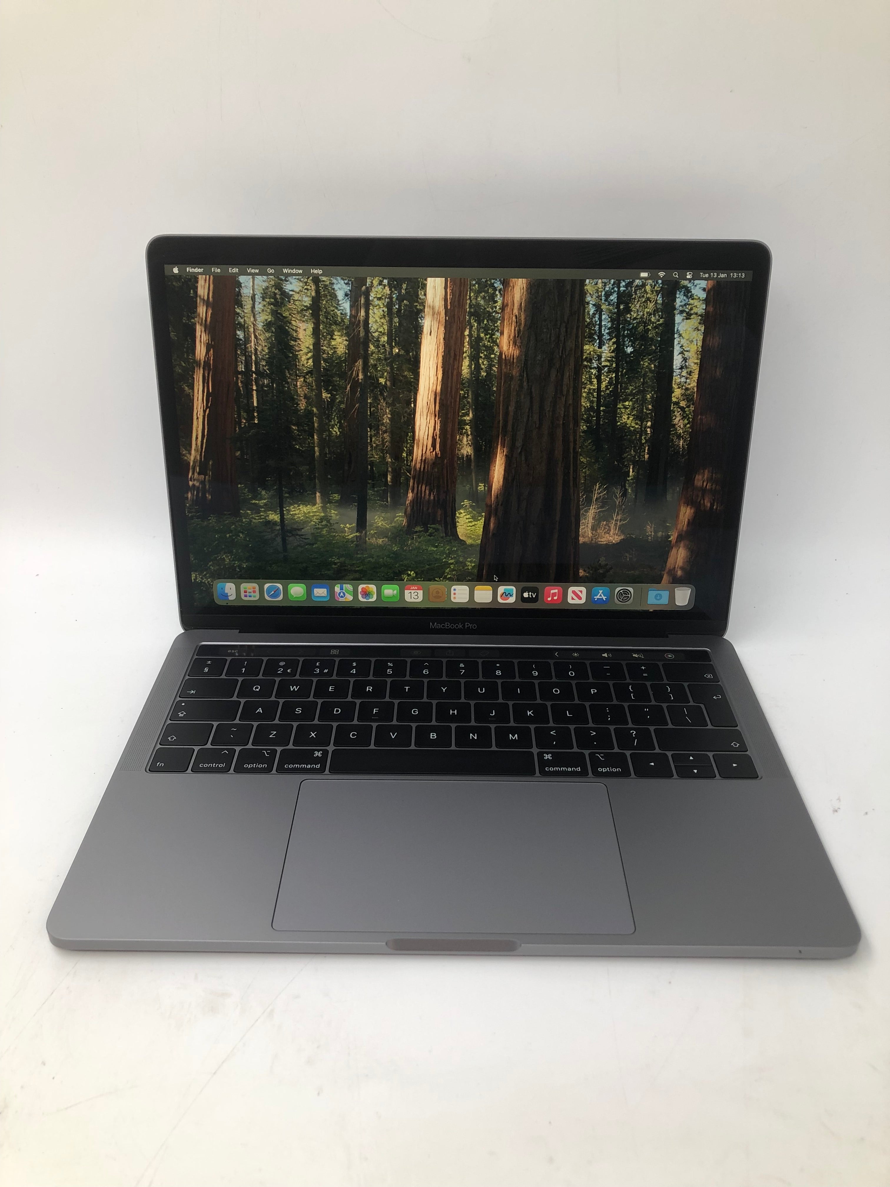 Apple MacBook Pro 2019 13 inch Retina display front view showing UK QWERTY keyboard