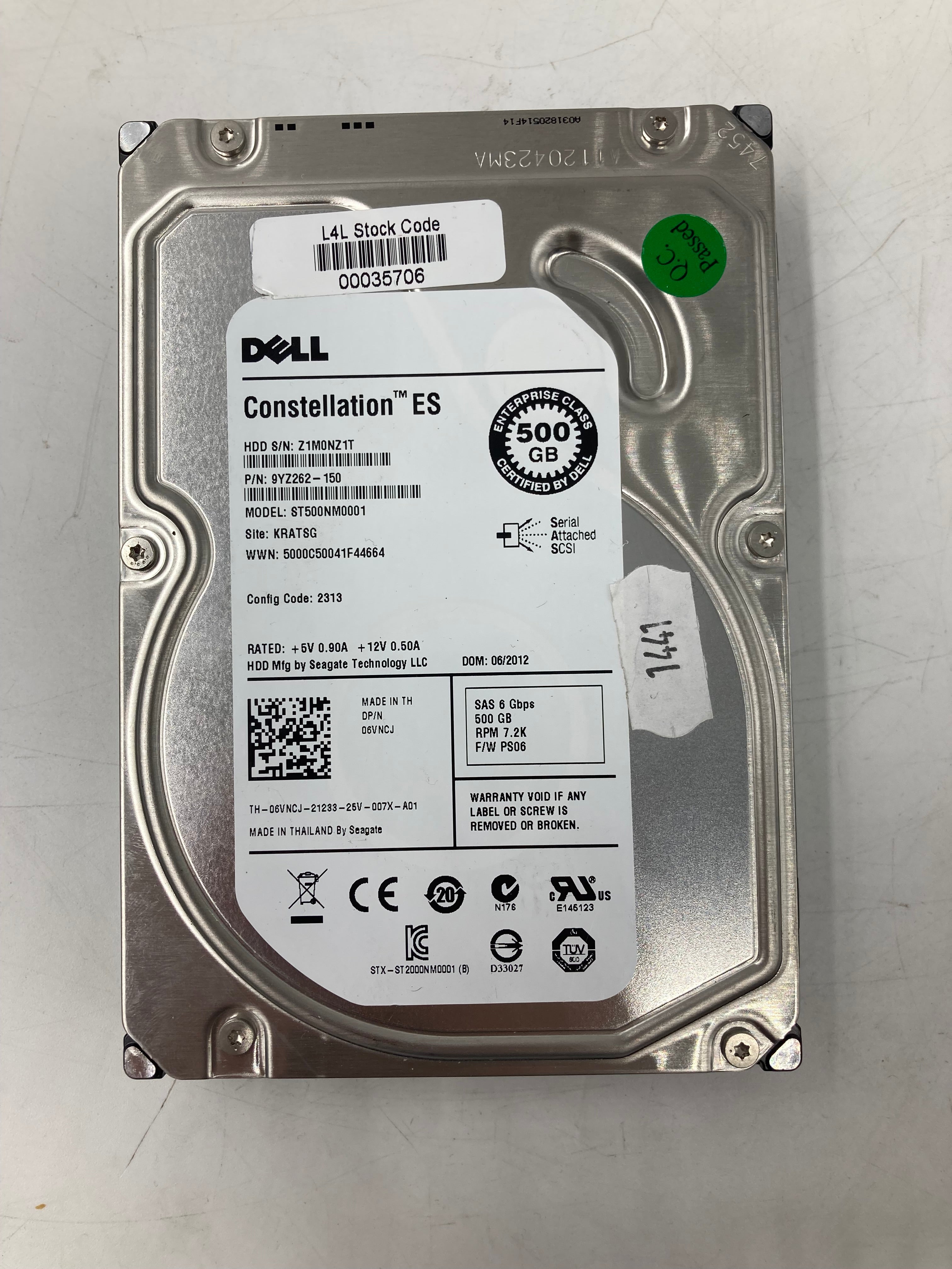Dell HDD 3.5" SAS 500GB 7.2K RPM 6Gbps P/N 9YZ262-150 Lot Of 2