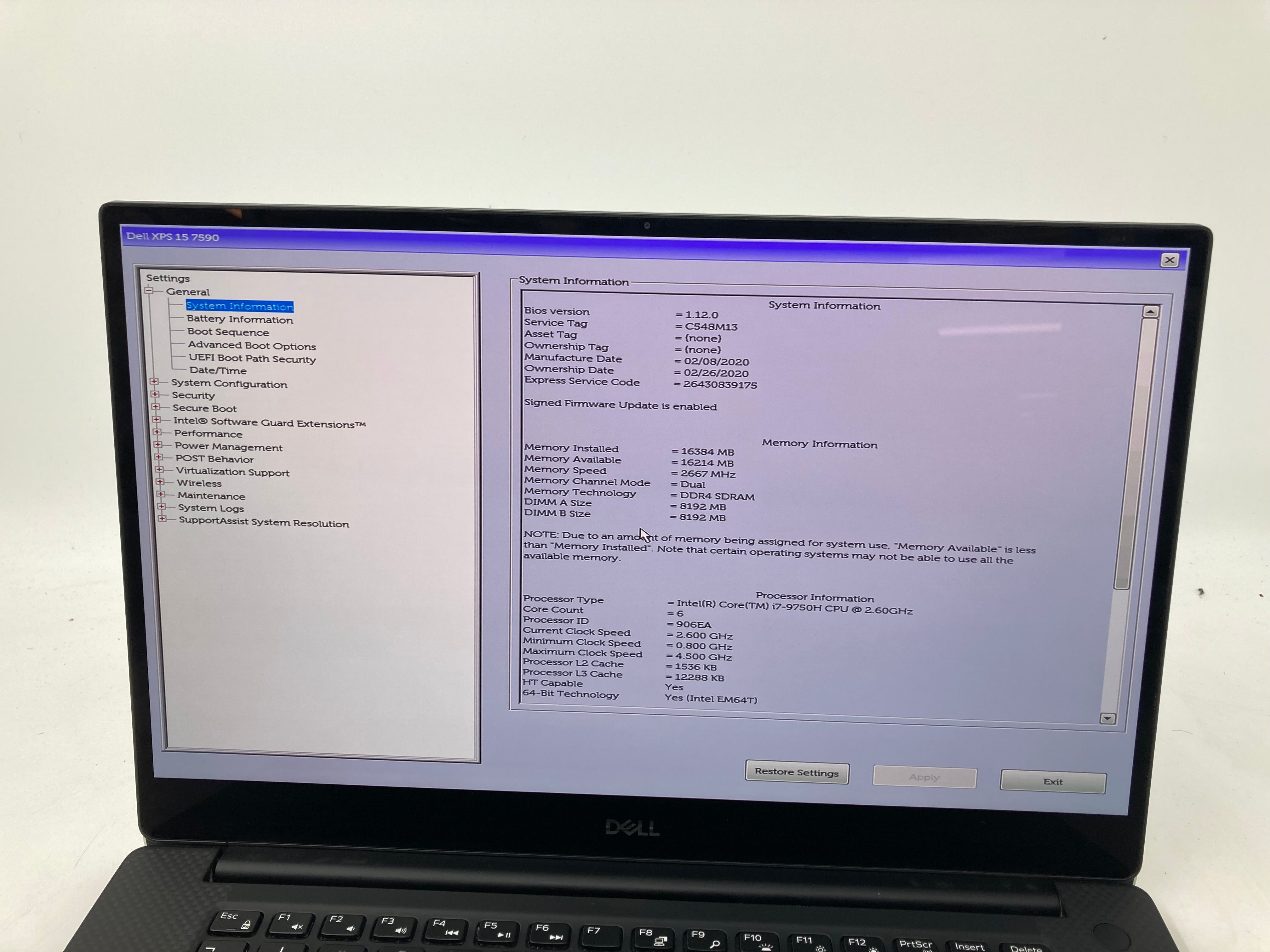Dell XPS 15 7590 15" Screen i7 9th Gen 16GB RAM NVIDIA GTX 1650 1TB SSD W11
