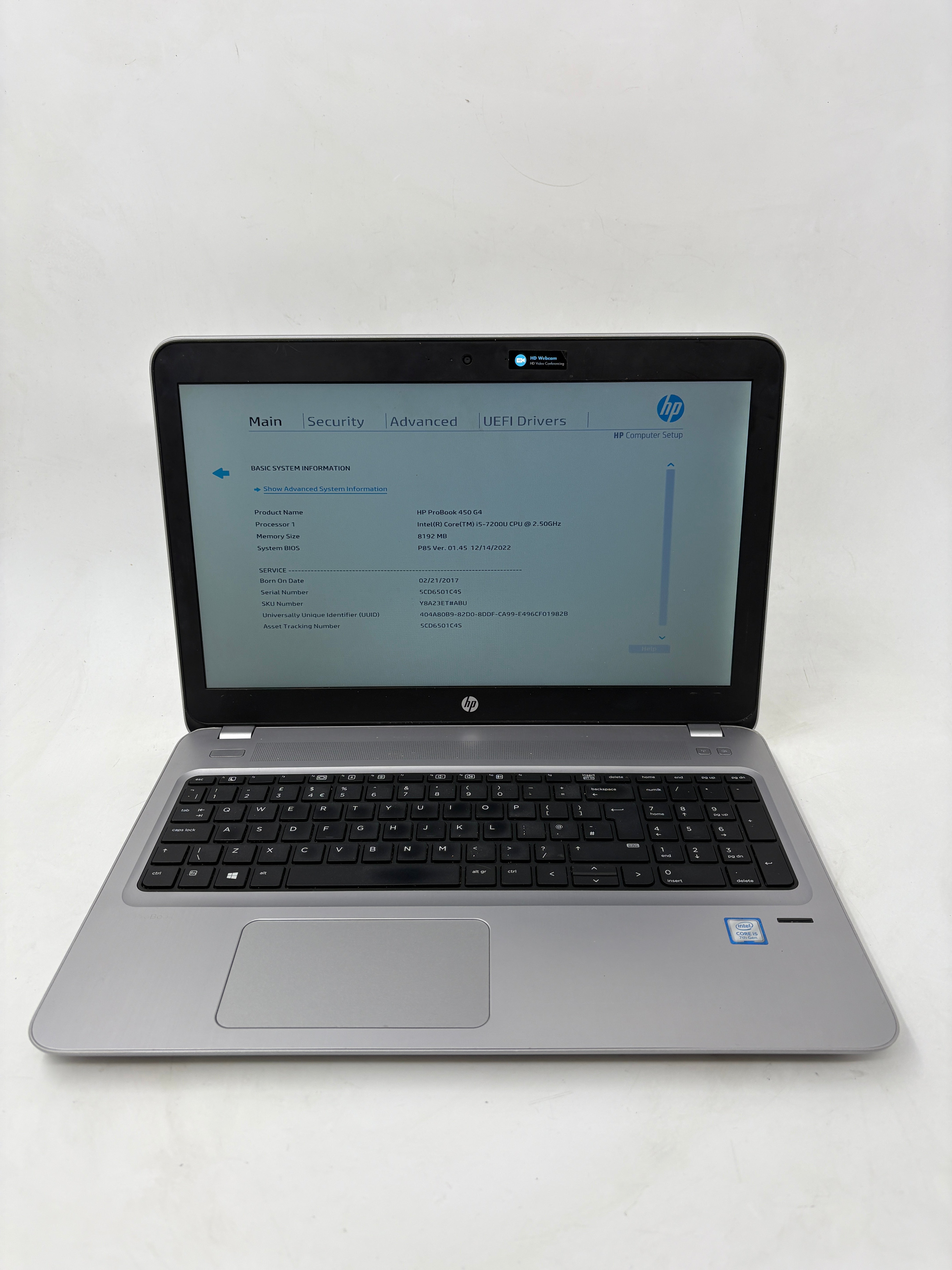 HP Laptop ProBook 450 G4 15.6" Screen i5 7th Gen 8GB RAM NO SSD NO OS