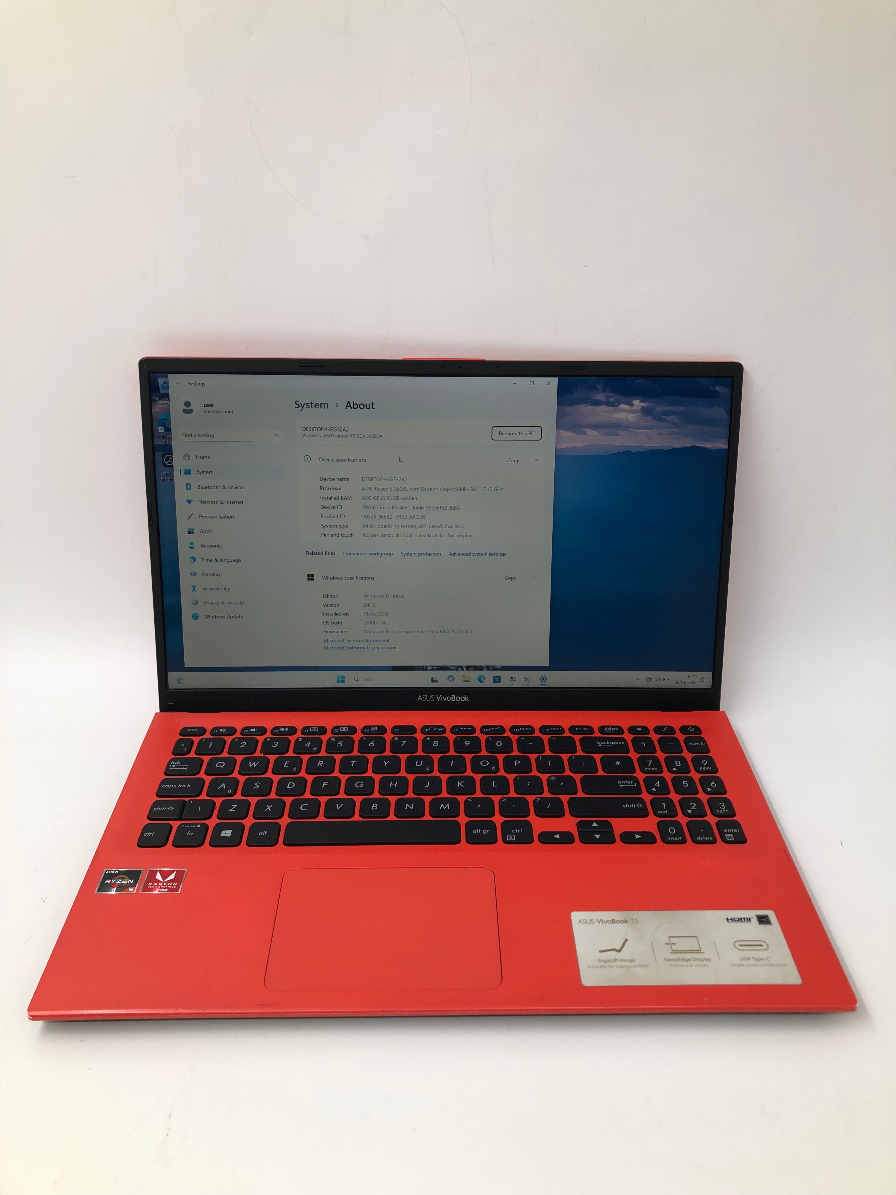 Asus X512D 15.6" Screen AMD Ryzen 5 3500U 8GB RAM 256GB SSD 1TB HDD W11