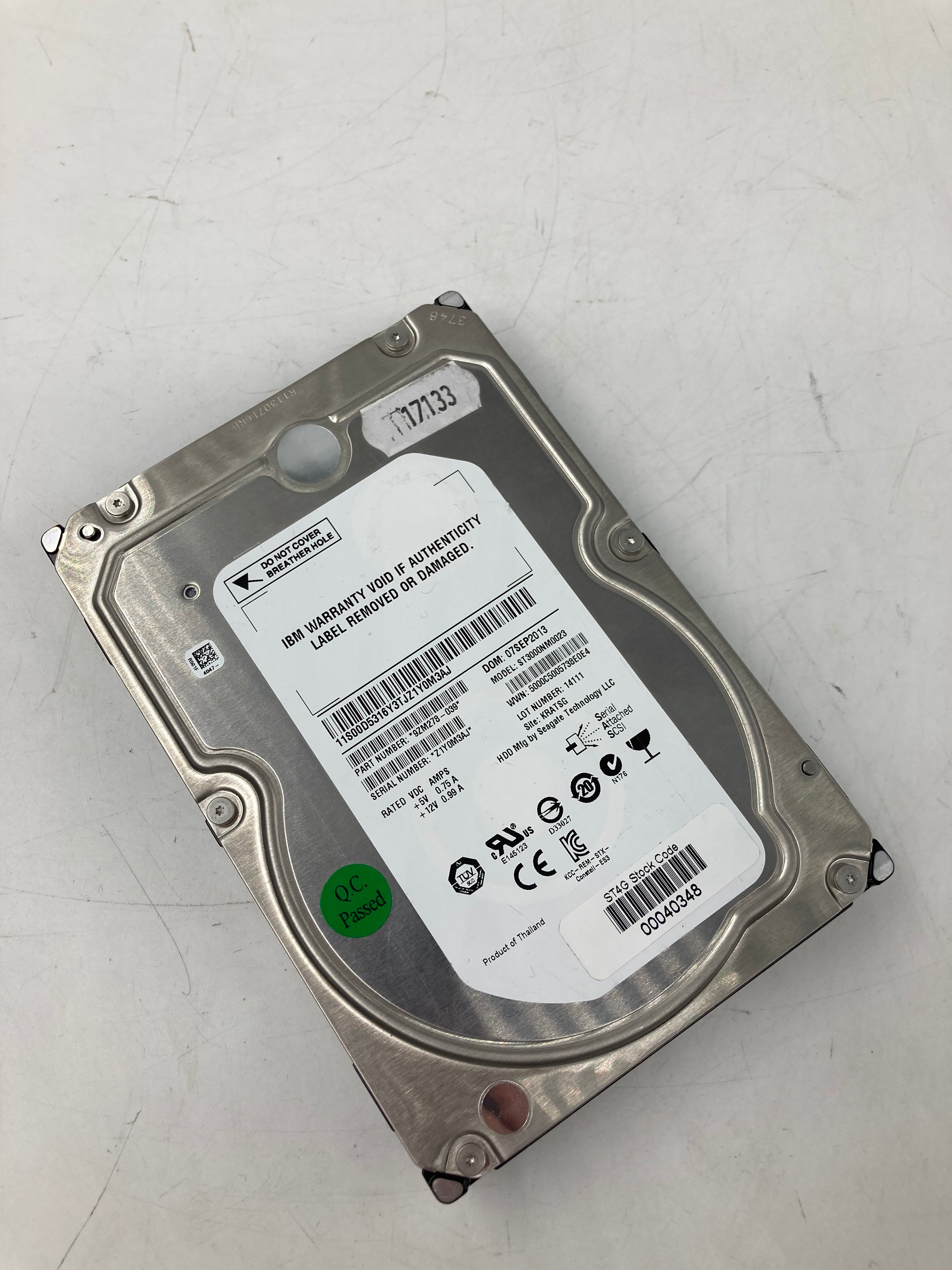 IBM HDD 3.5" SAS 3TB 7.2K RPM 6.0 Gbps P/N 9ZM278-039