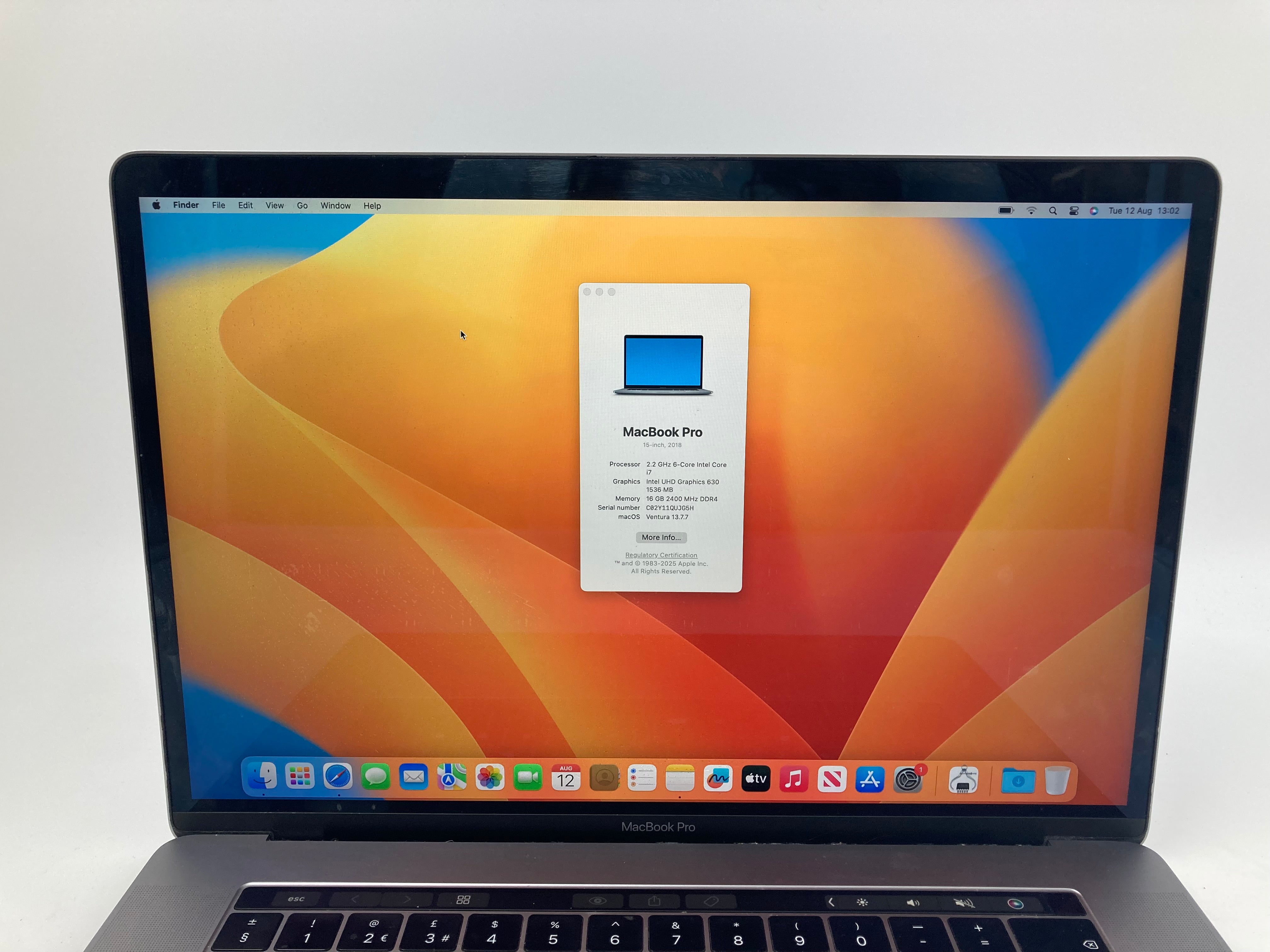 Apple MacBook Pro 2018 A1990 15" Screen i7 8th Gen 16GB RAM 250GB SSD OS Ventura
