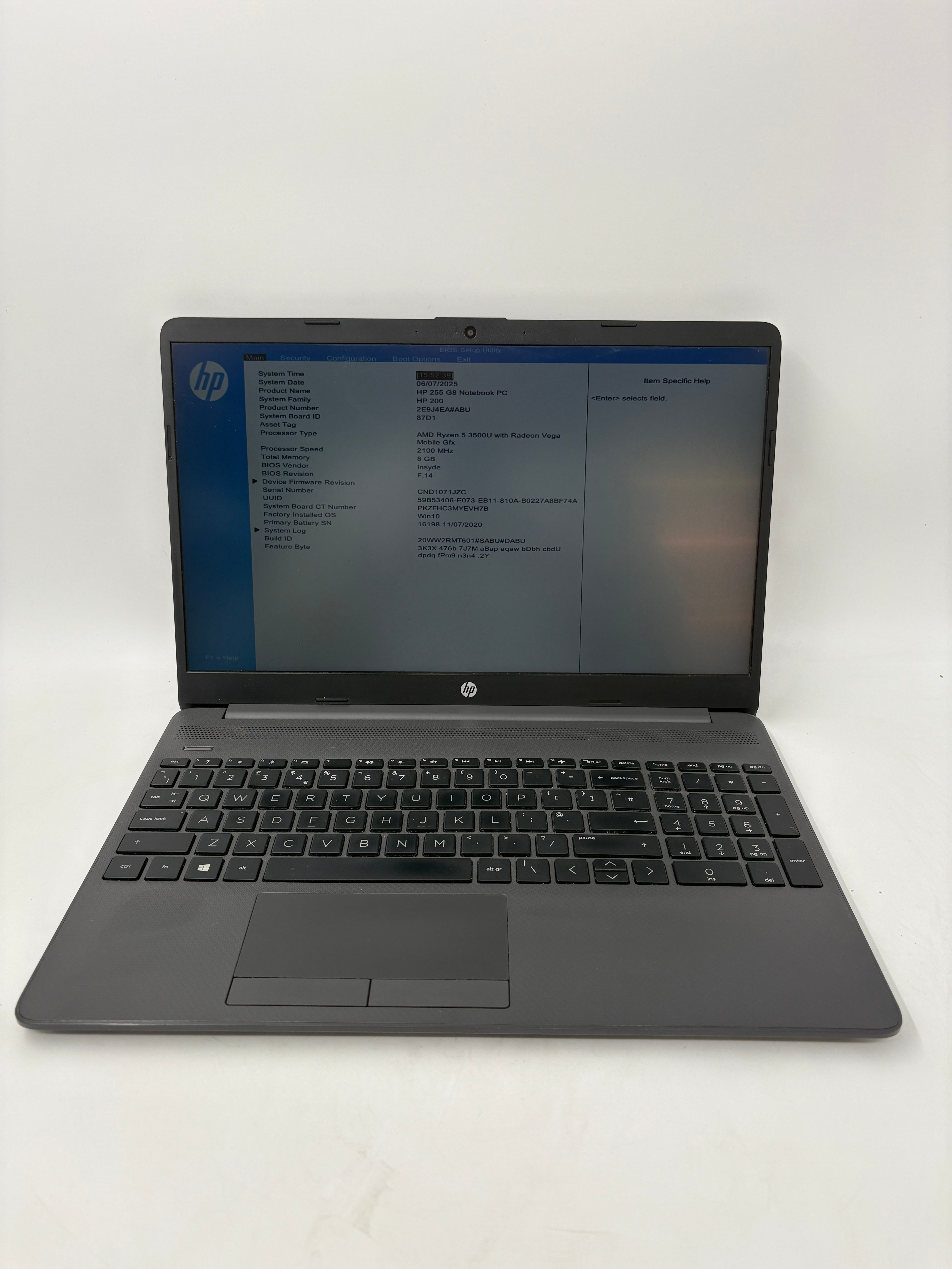 HP Laptop 255 G8 15.6" Screen AMD Ryzen 5 3500U 8GB RAM NO SSD NO OS