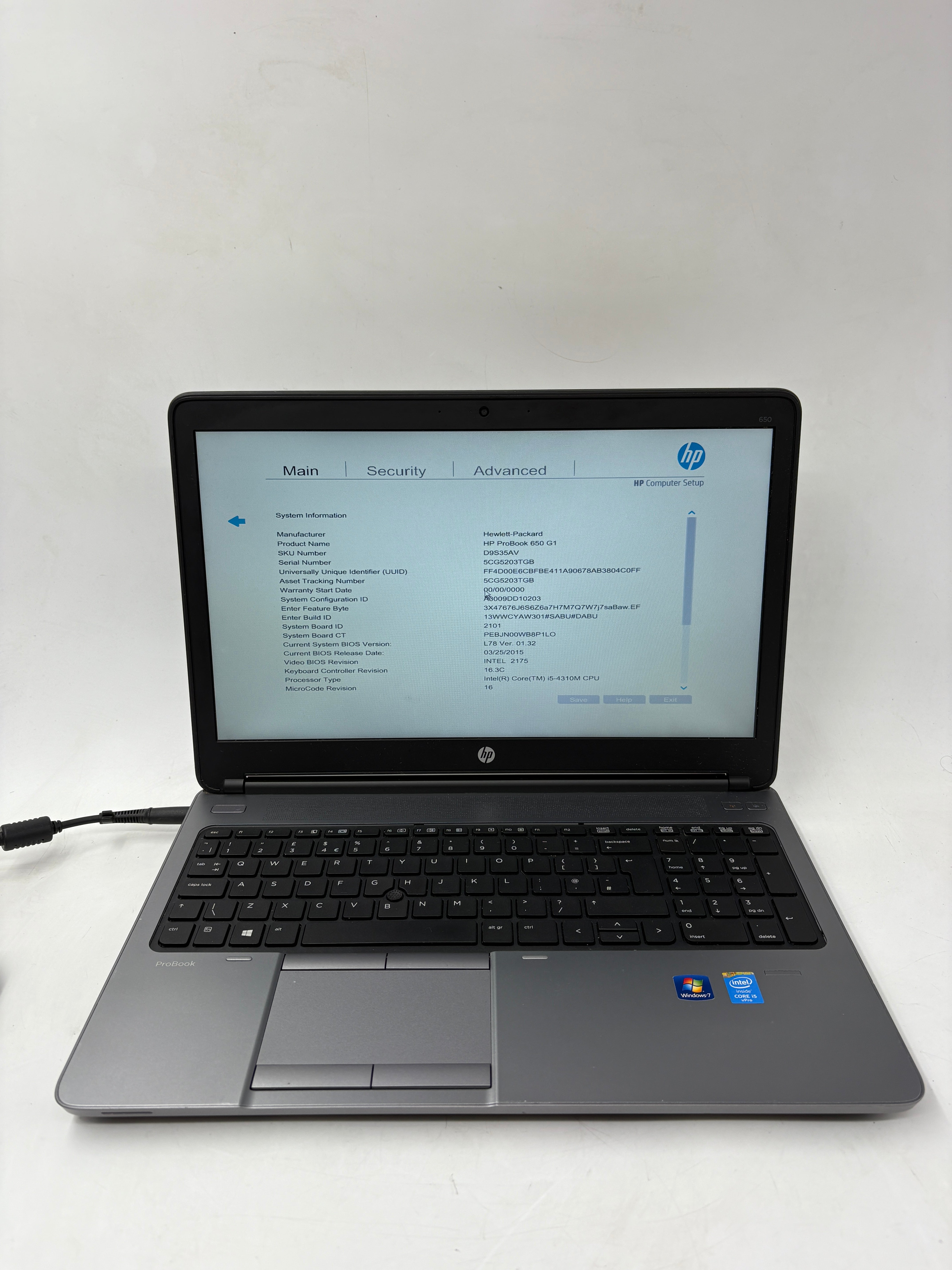 HP Laptop 650 G1 15.6" Screen i5 4th Gen 4GB RAM NO SSD NO OS