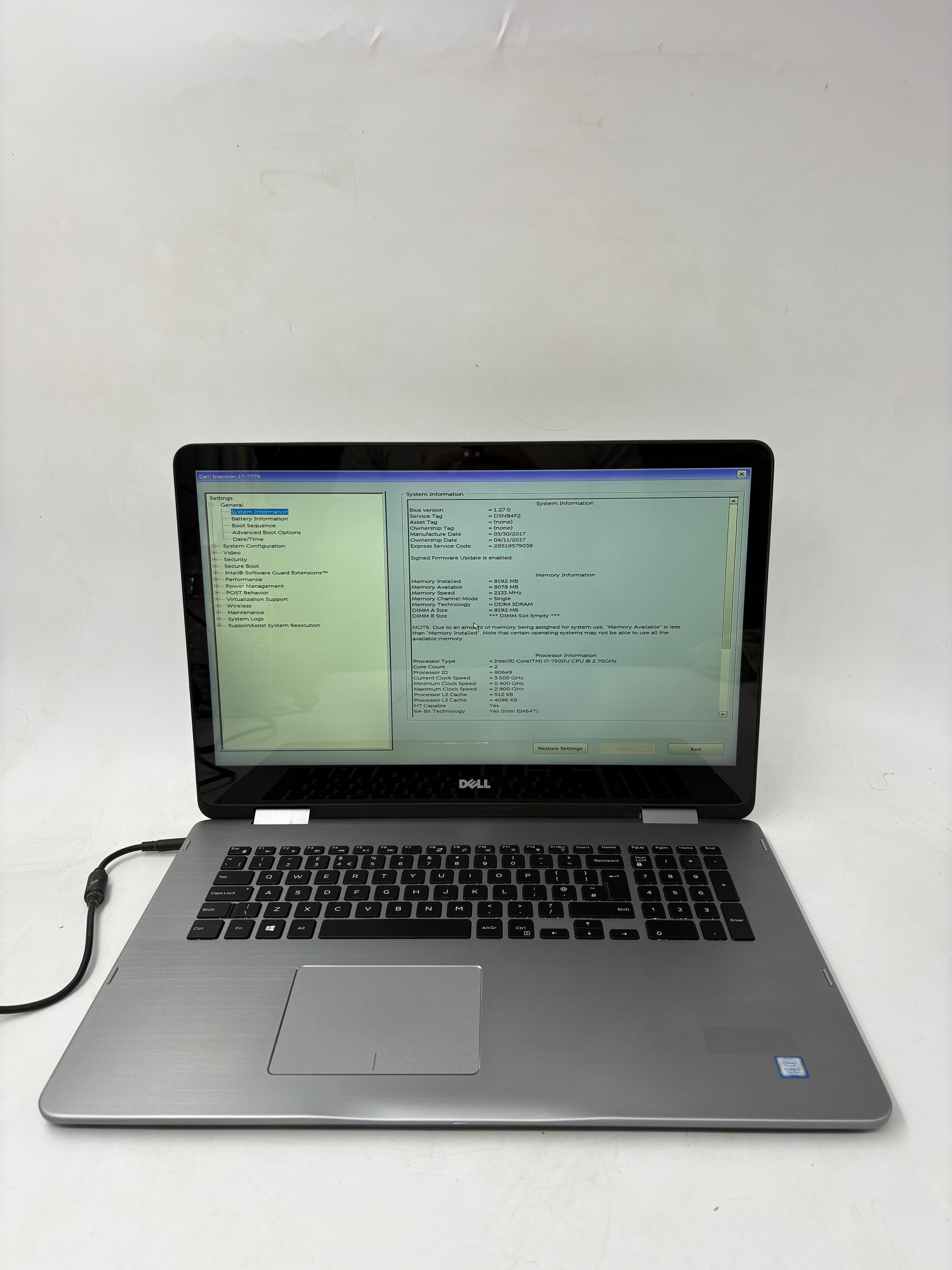 Dell Laptop Inspiron 17-7779 17" TouchScreen i7 7th Gen 8GB RAM NO SSD NO OS