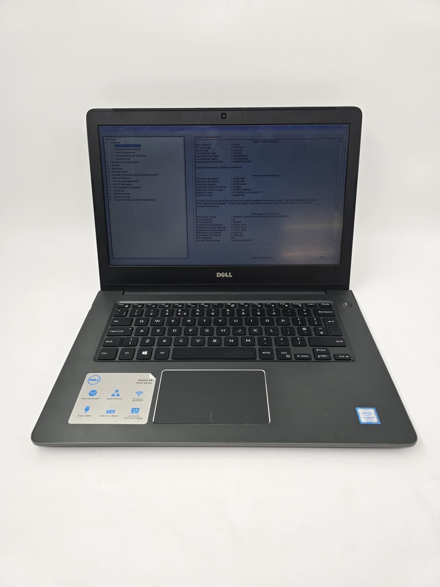 Dell Laptop Vostro 5468 14" Screen i5 7th Gen 8GB RAM No SSD *Spares*