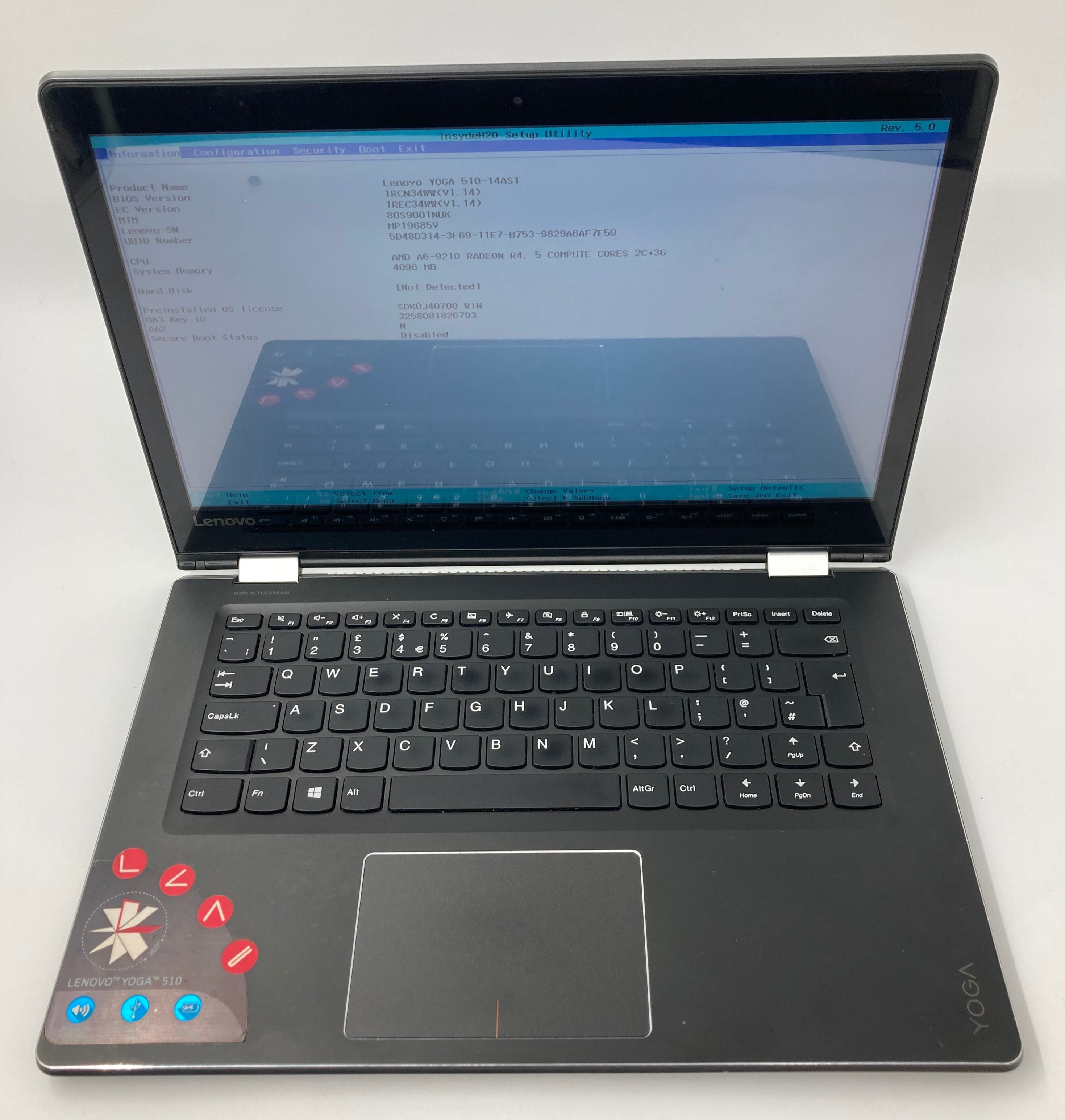 Lenovo Laptop Yoga 510-14AST 14" AMD A6-9210 4GB RAM No HDD No OS *Spares*