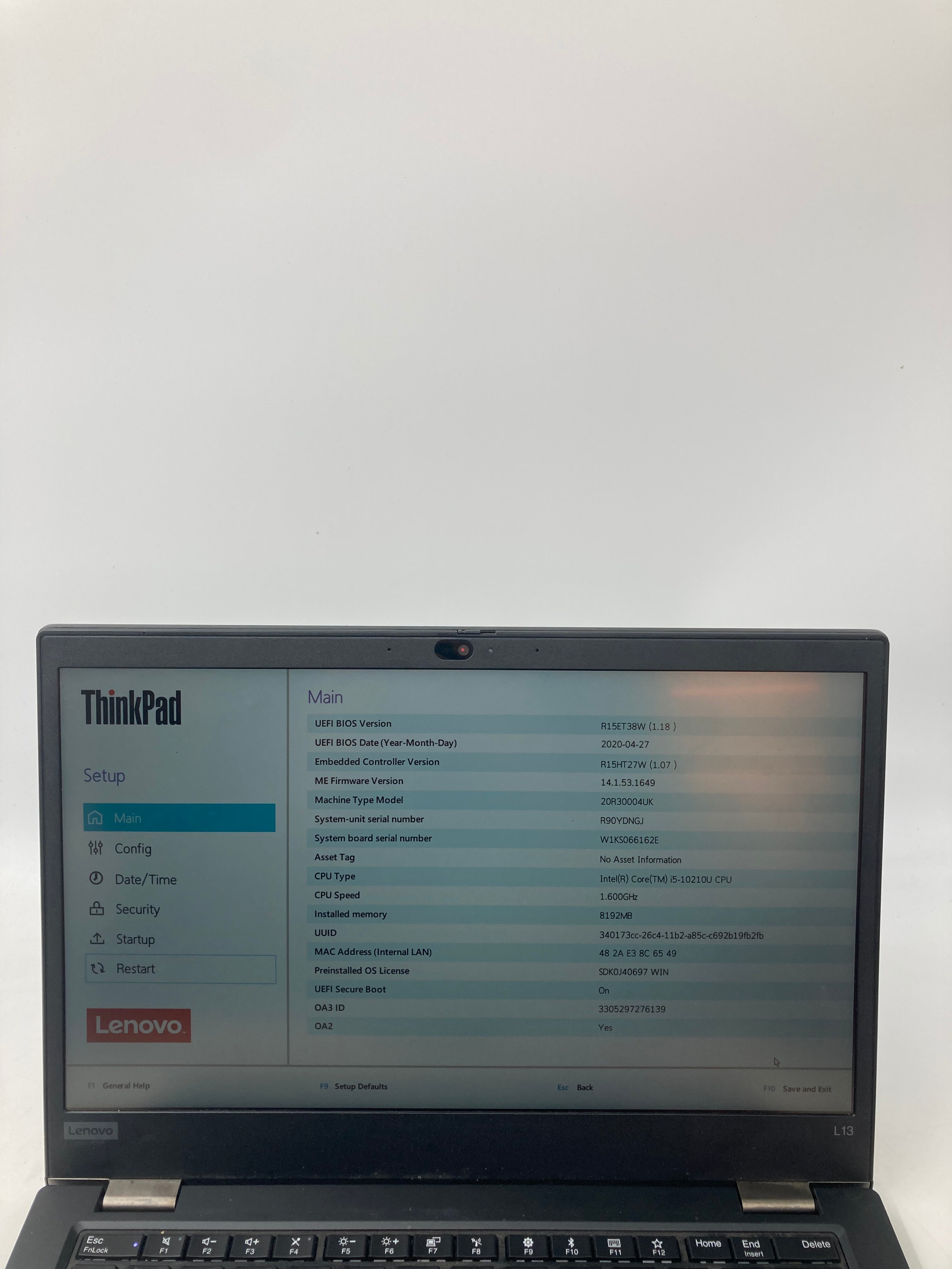 Lenovo ThinkPad L13 13" Screen i5 10th Gen 8GB RAM 256GB SSD No OS *Spares*