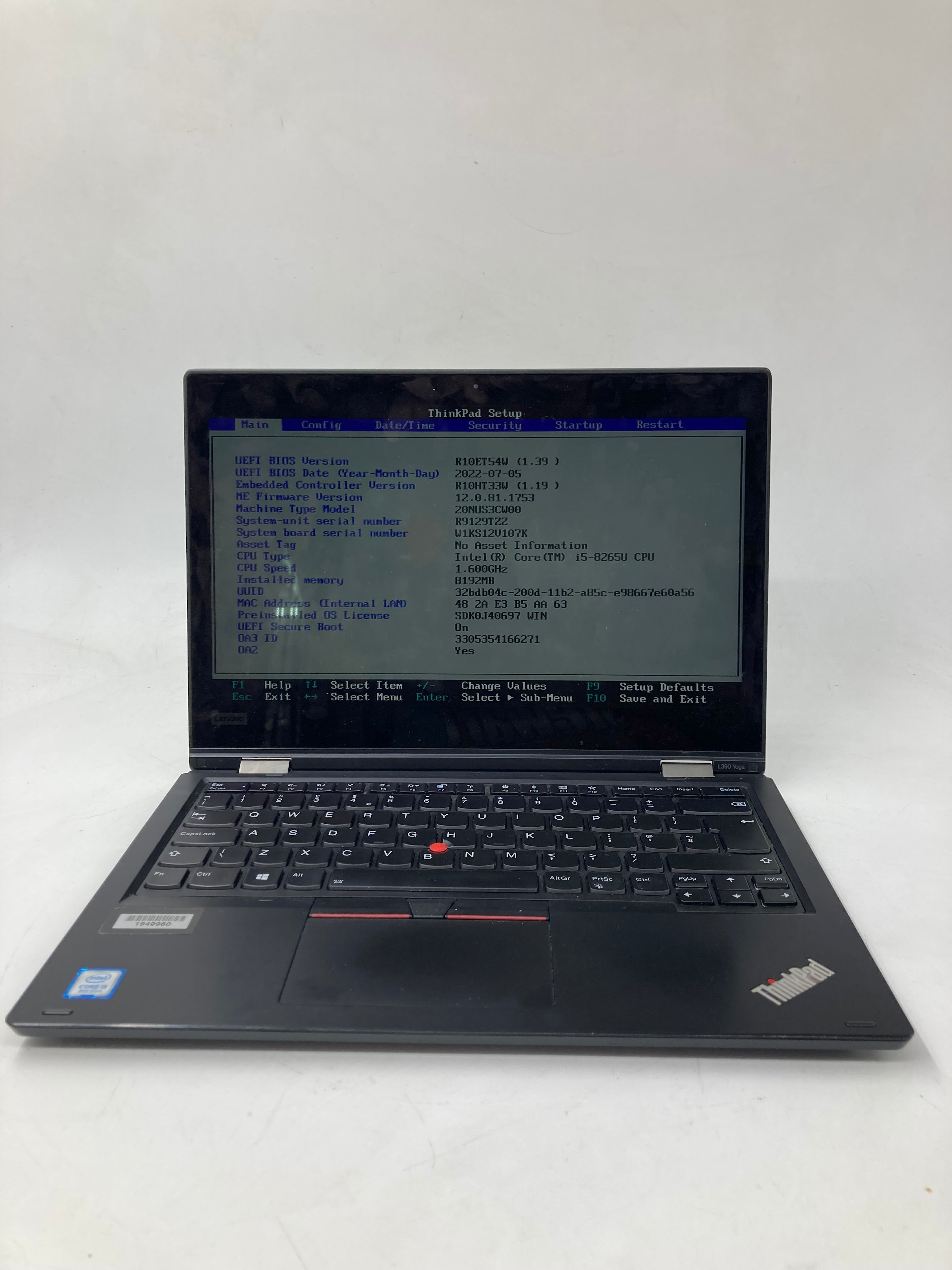 Lenovo L390 Yoga 13.3" Screen i5 8th Gen 8GB RAM No SSD No OS