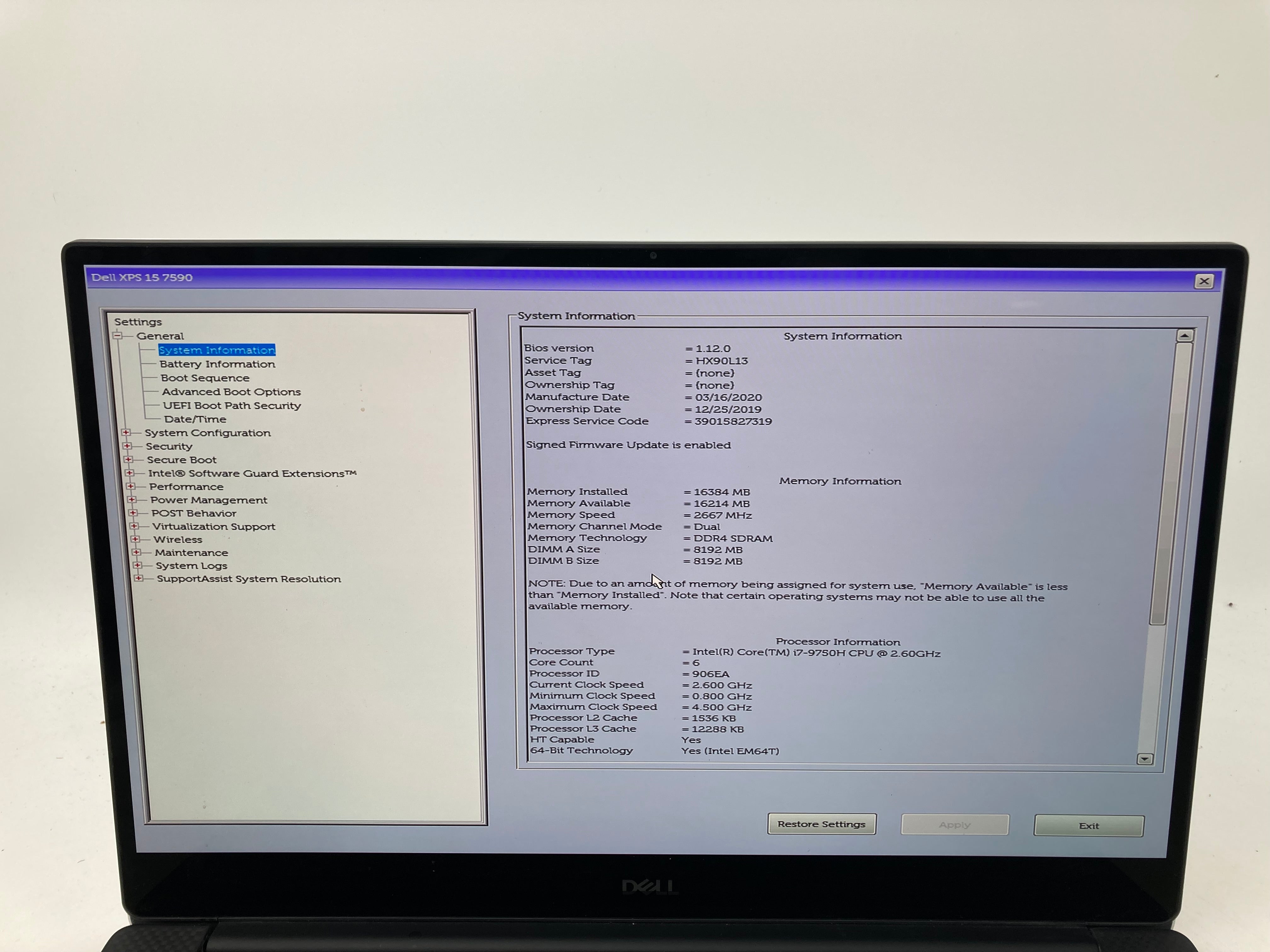 Dell XPS 15 7590 15" Screen i7 9th Gen 16GB RAM NVIDIA GTX 1650 1TB SSD W11