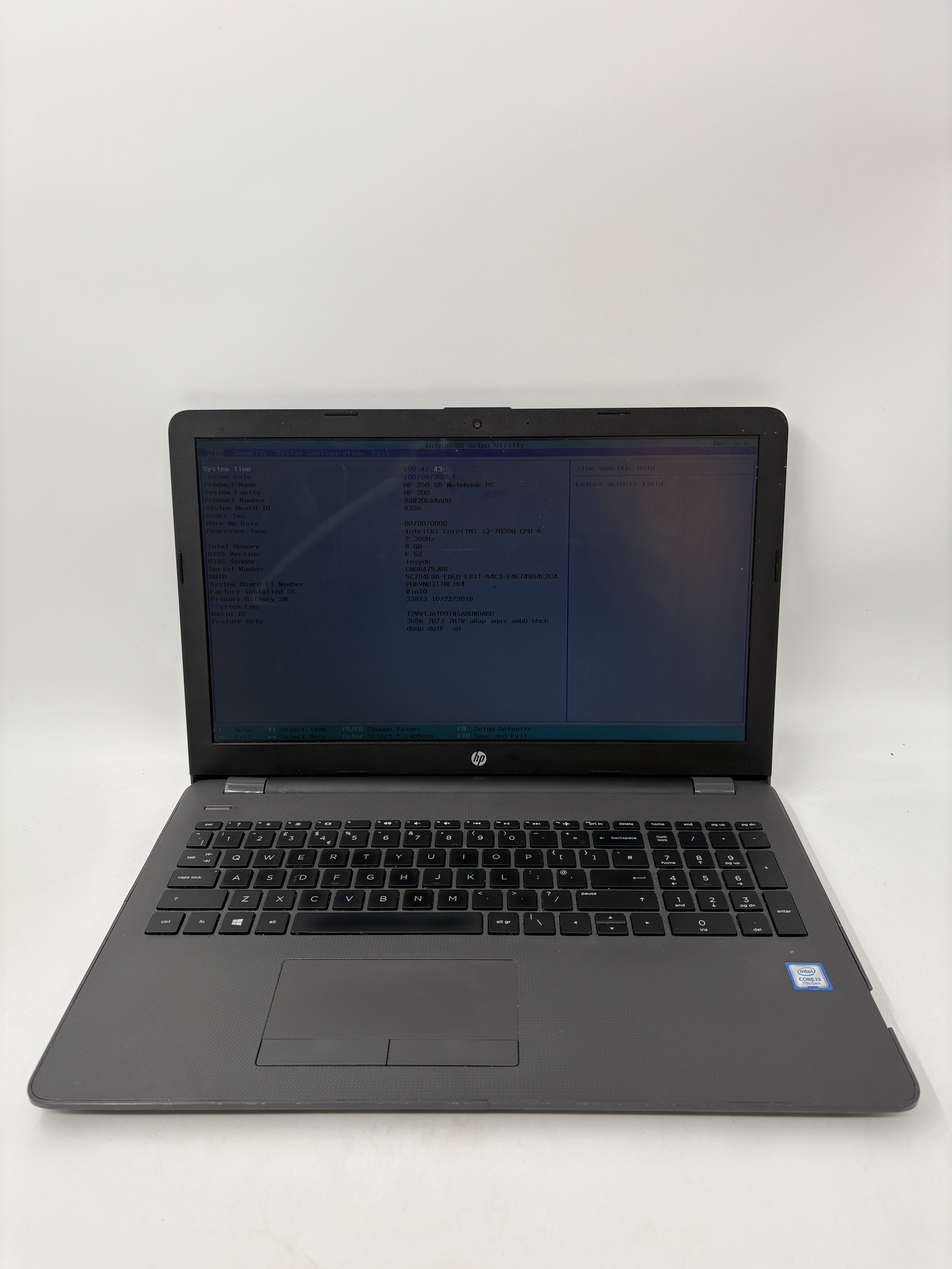 HP Laptop 250 G6 15.6" Screen i3 7th Gen 8GB RAM NO SSD NO OS