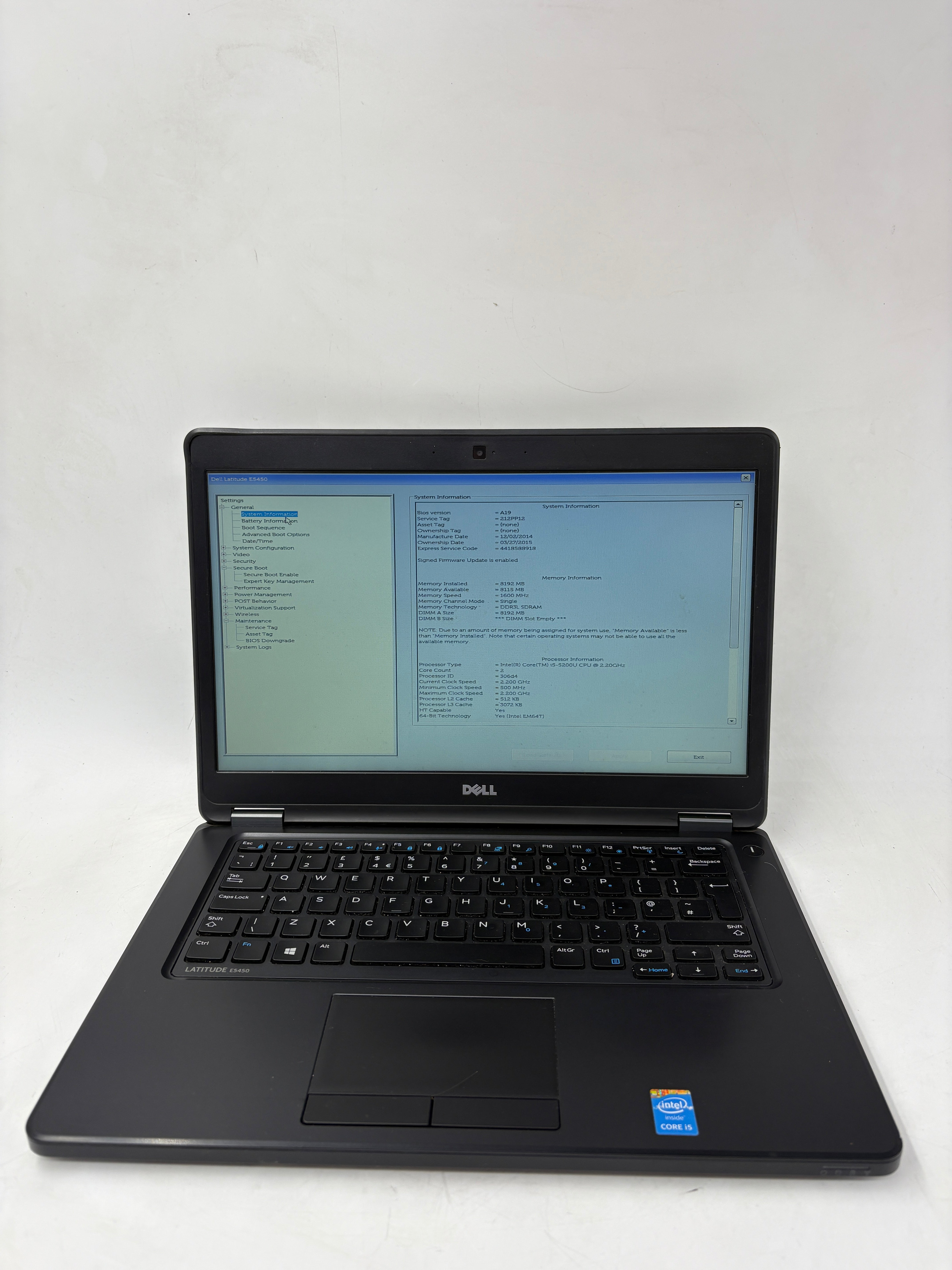 Dell Laptop Latitude E5450 14" Screen i5 5th Gen 8GB RAM NO SSD NO OS