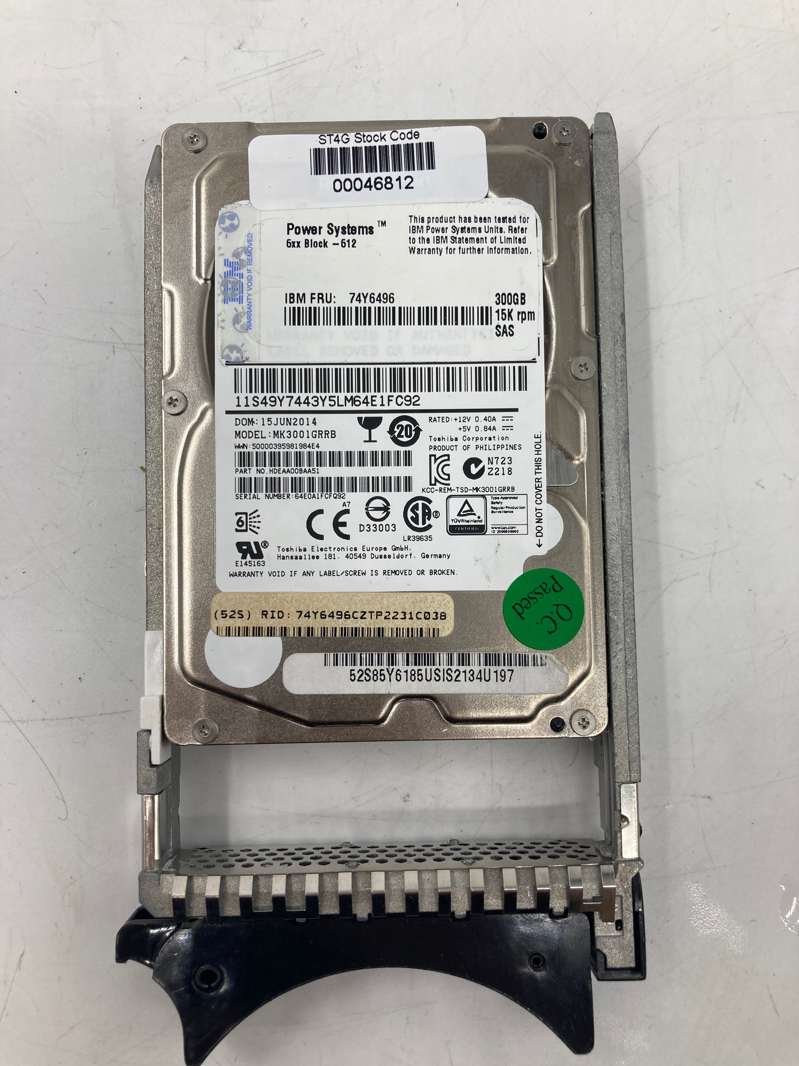 IBM HDD 2.5" SAS 300GB 15KRPM 6Gbps FRU 74Y6496 Lot of 5