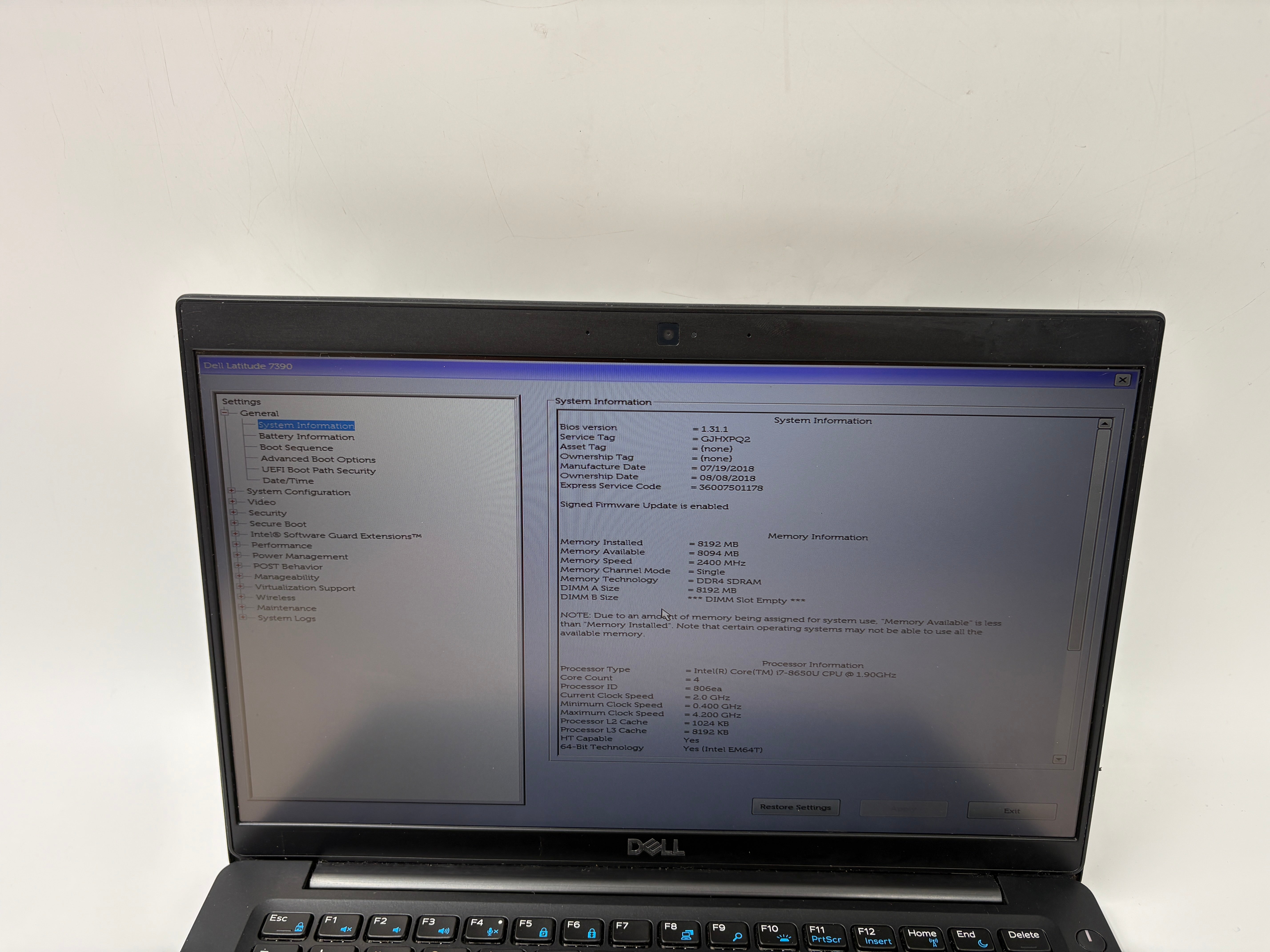 Dell Latitude 7390 13.3" Screen i7 8th Gen 8GB RAM NO SSD NO OS