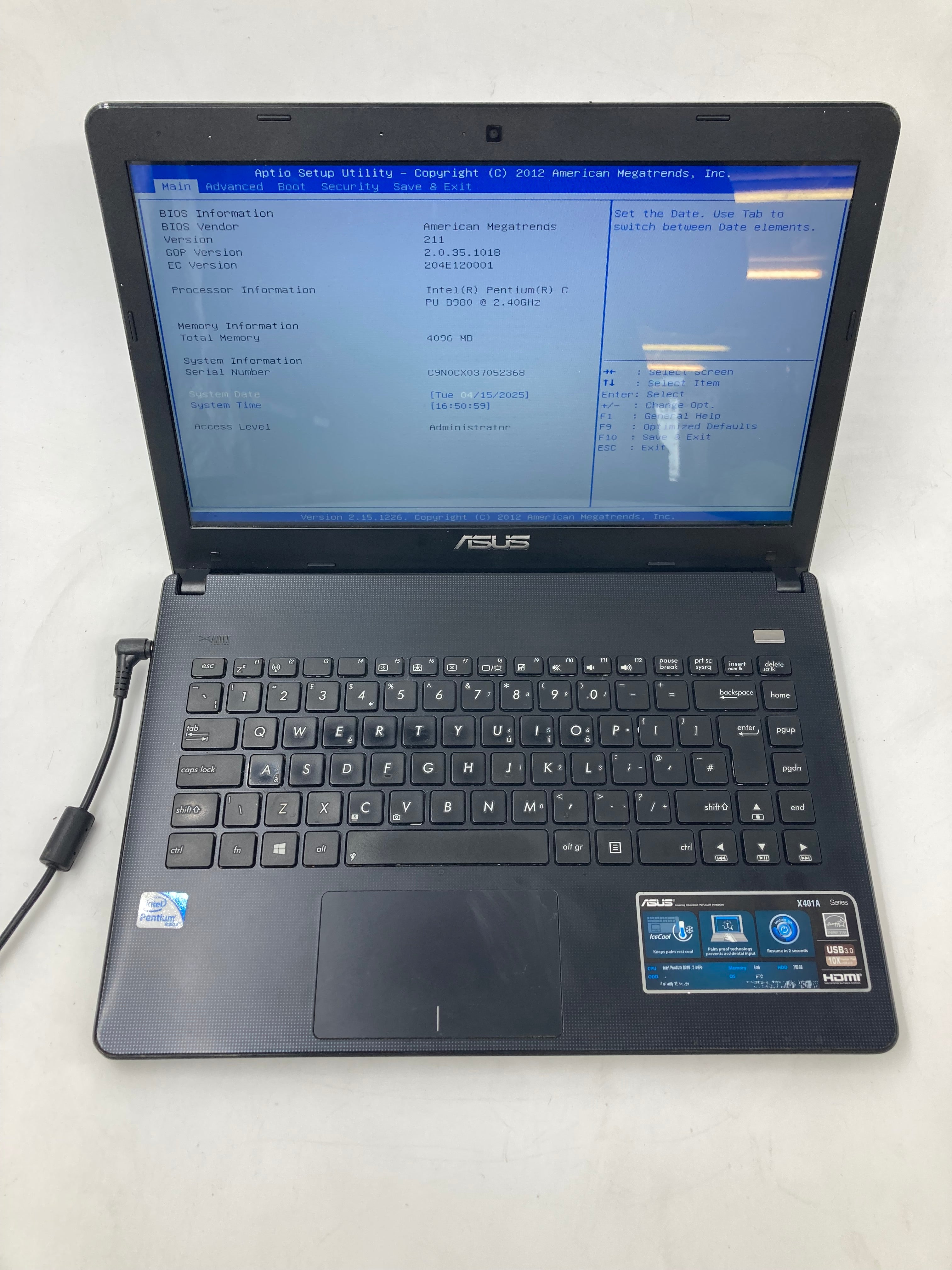 Asus Laptop X401A 14" Intel Pentium B980 4GB RAM No SSD No OS *Spares* #1