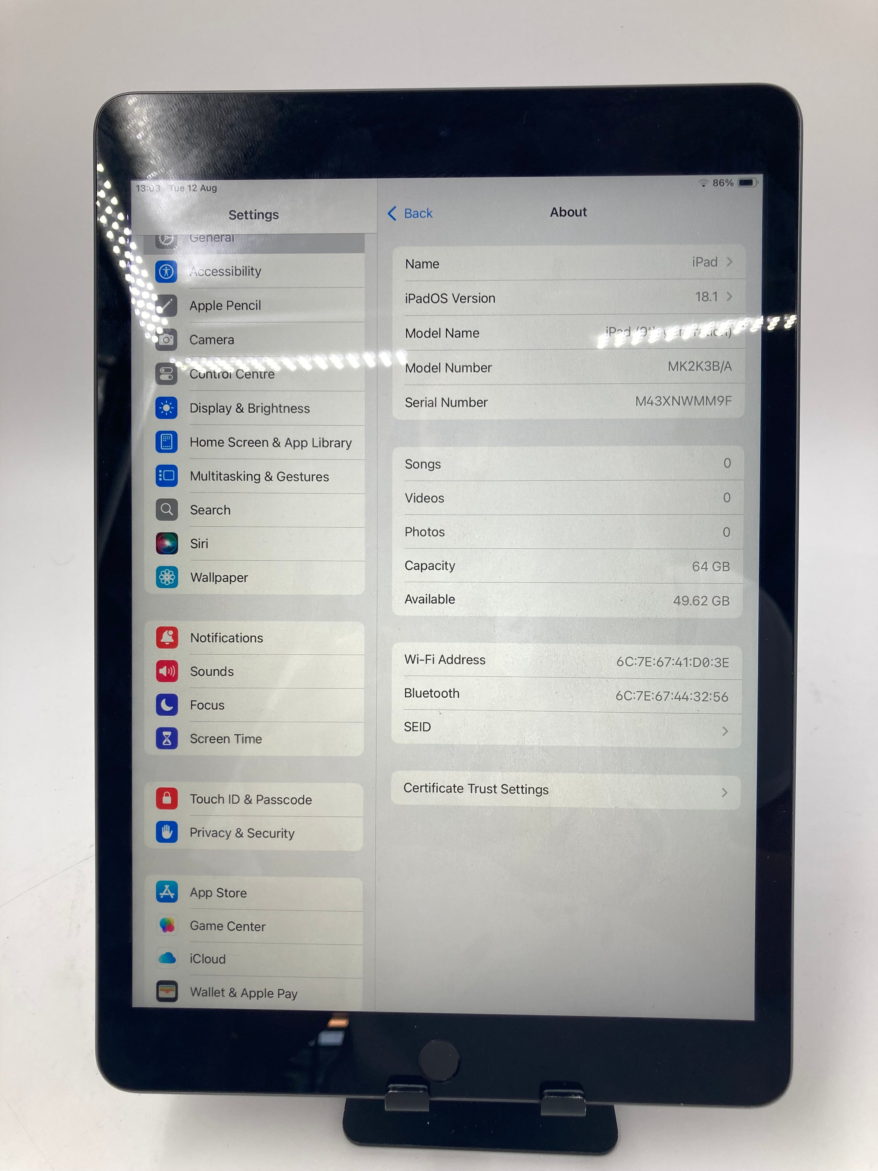 Apple iPad 9th Generation 10.2" Screen 64GB Storage Wi-Fi Only Space Grey