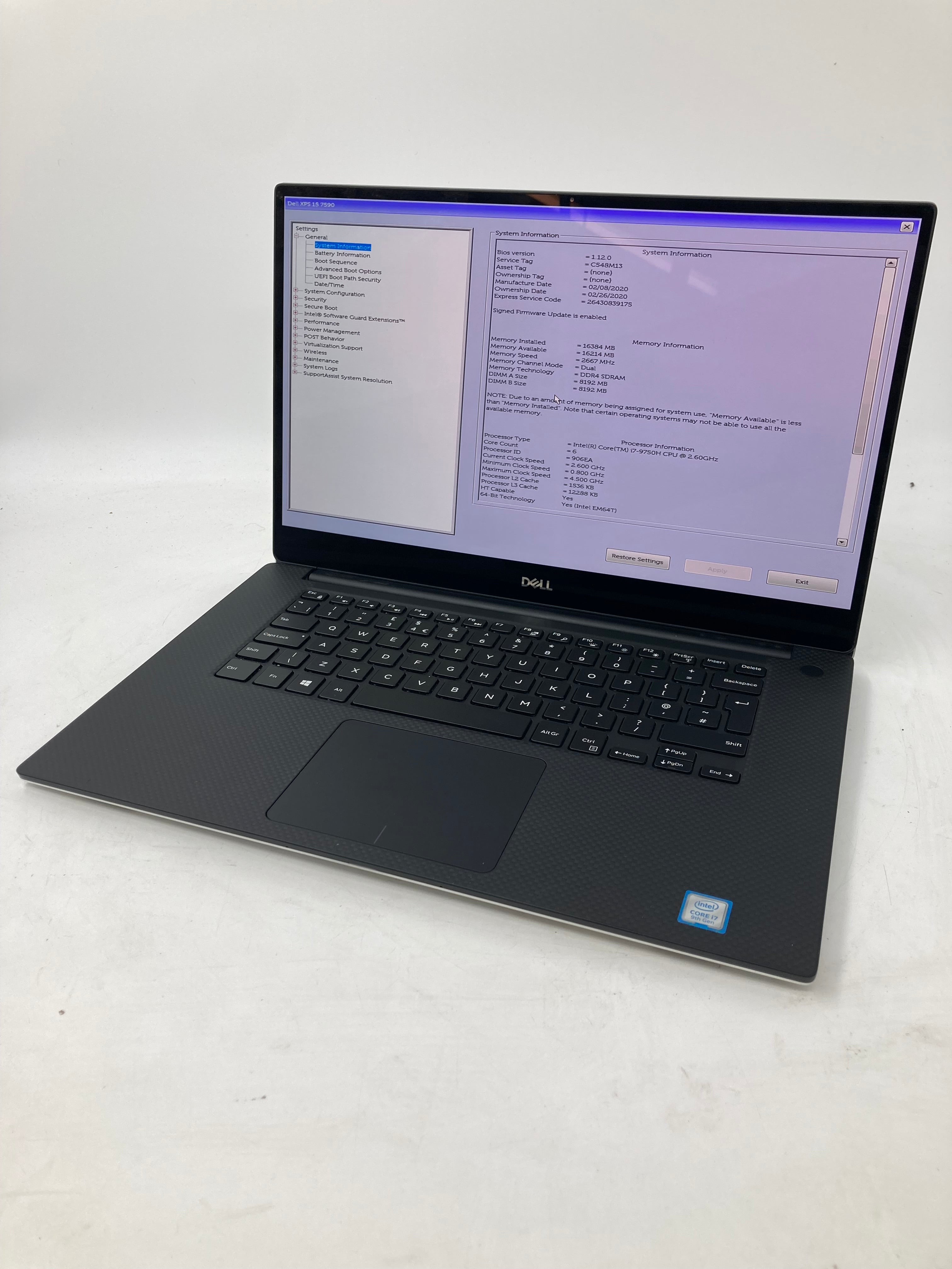 Dell XPS 15 7590 15" Screen i7 9th Gen 16GB RAM NVIDIA GTX 1650 1TB SSD W11