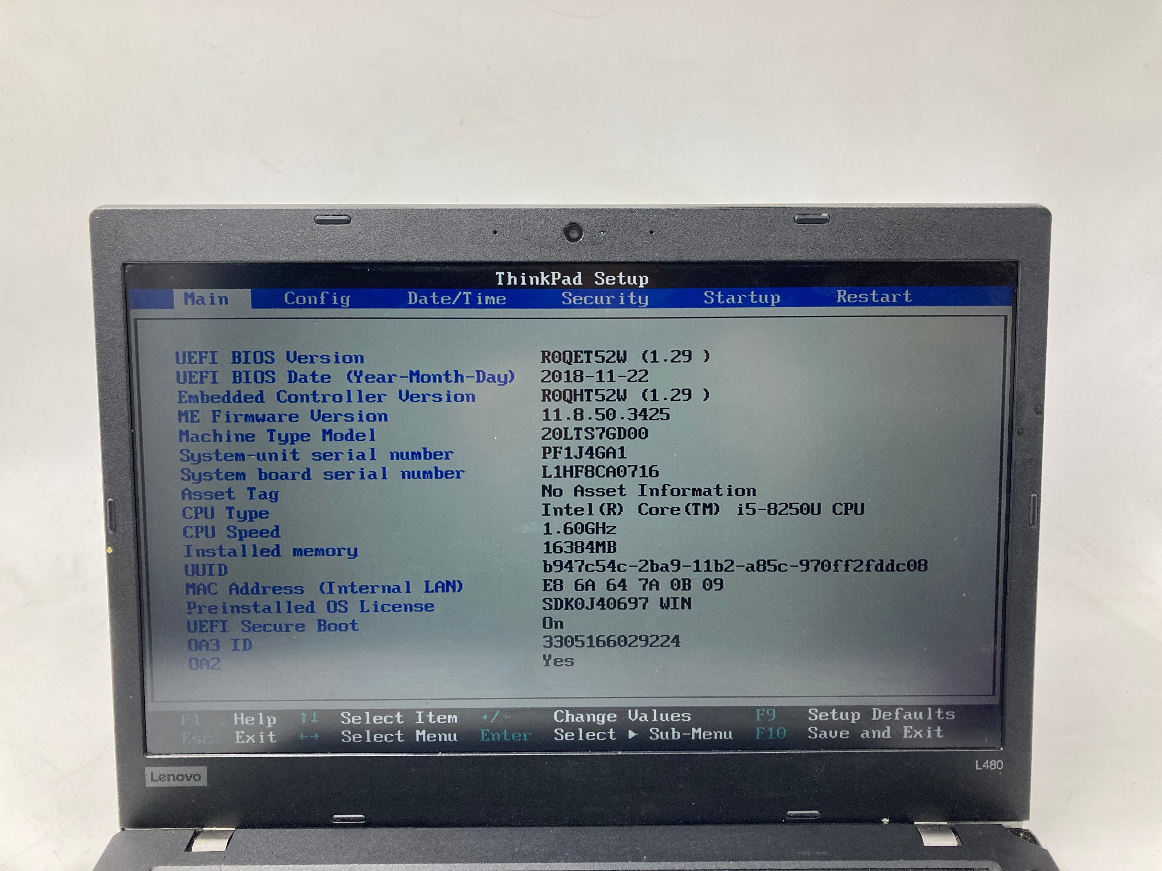 Lenovo Thinkpad L480 14" Screen i5 8th Gen 16GB RAM No SSD No OS