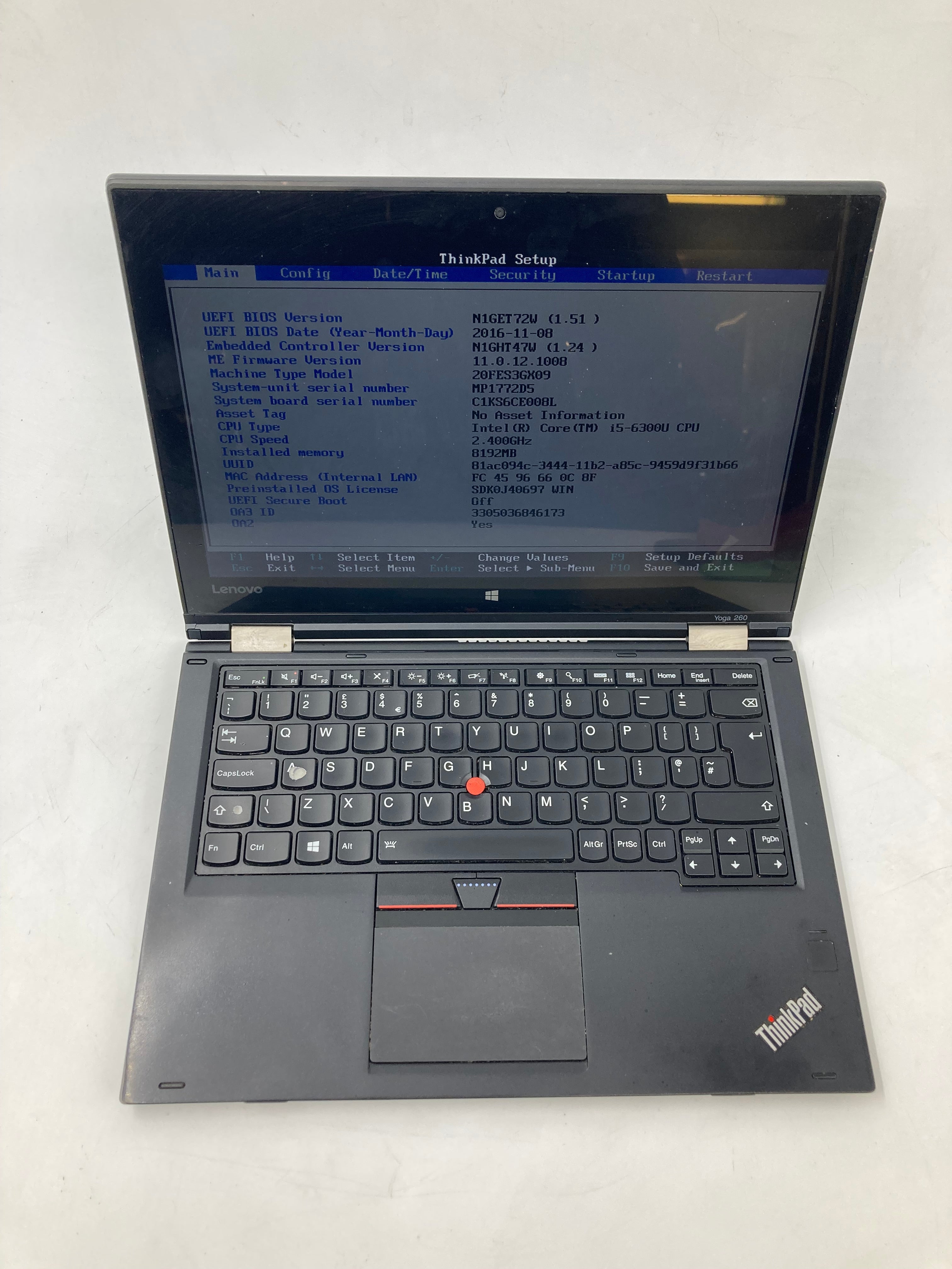 Lenovo Laptop ThinkPad Yoga 260 12.5" i5 6th Gen 8GB RAM No SSD No OS *Spares*