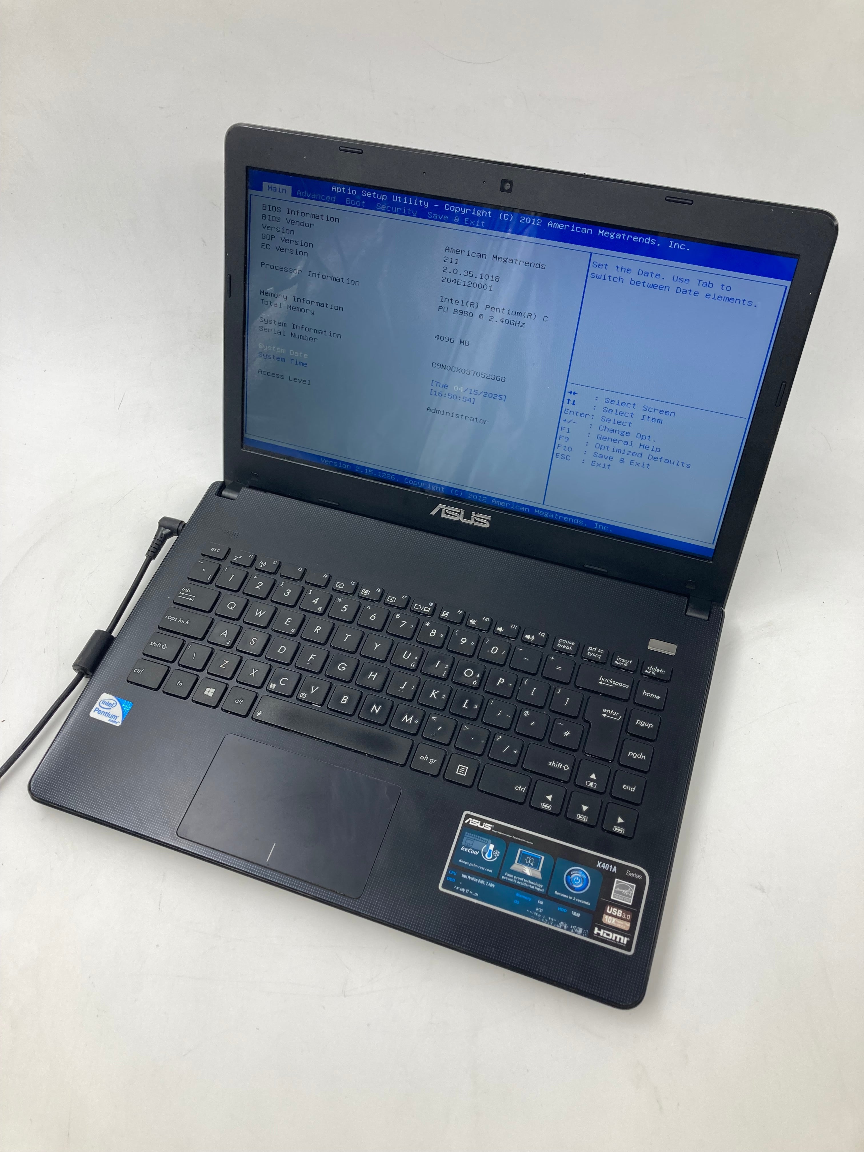 Asus Laptop X401A 14" Intel Pentium B980 4GB RAM No SSD No OS *Spares* #1