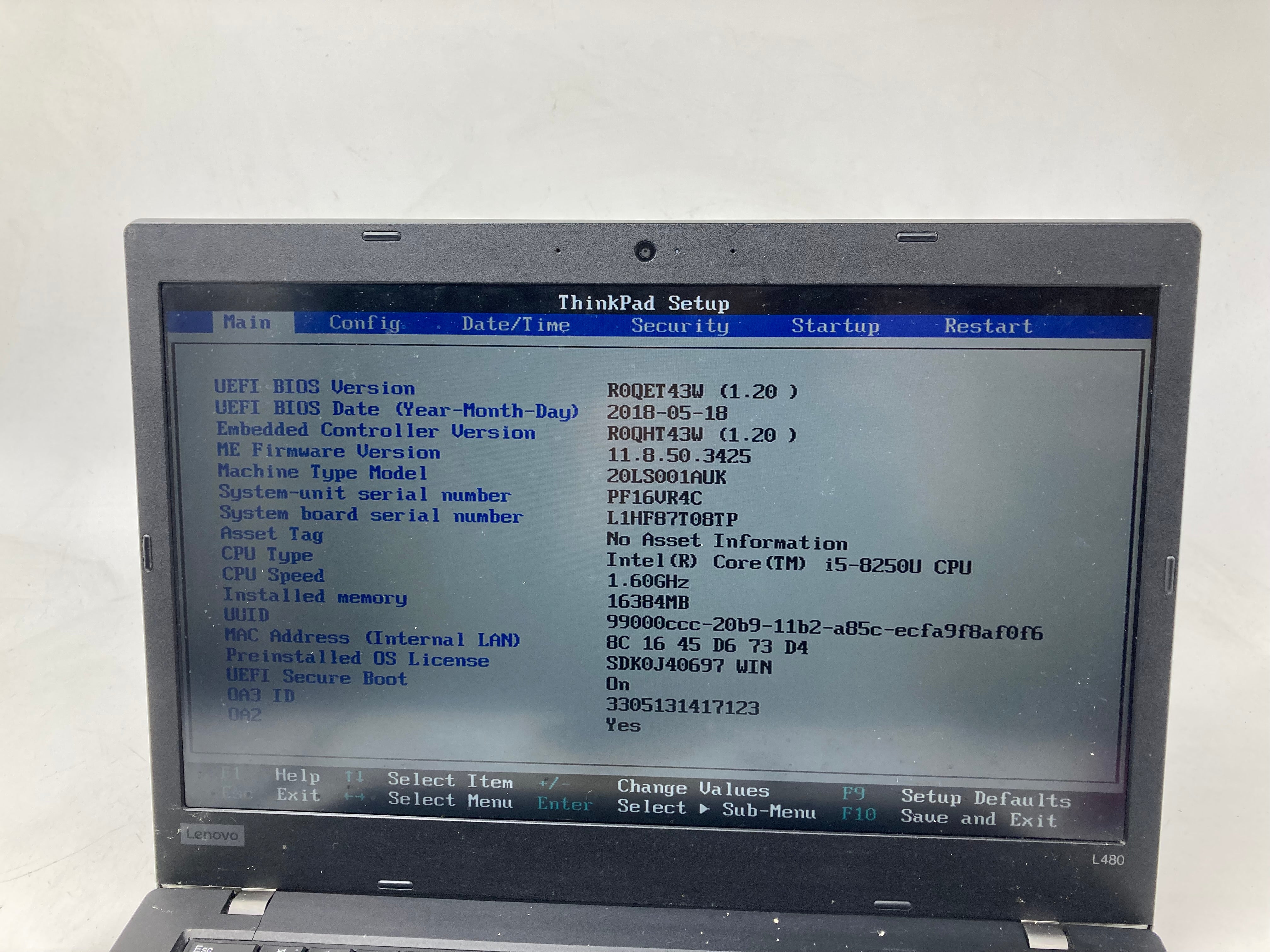Lenovo Laptop ThinkPad L480 14" i5 8th Gen 16GB RAM No SSD No OS