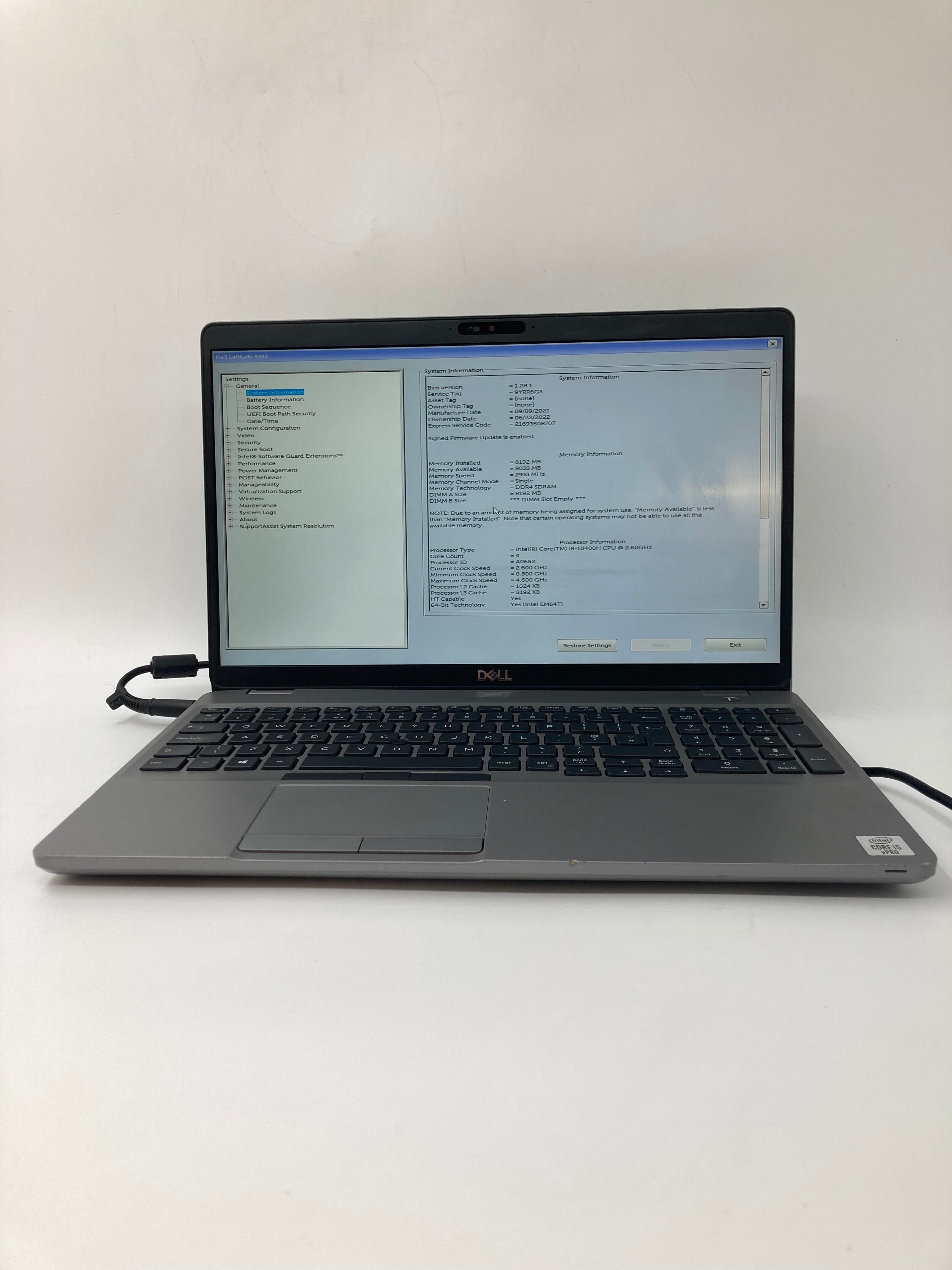 Dell Laptop Latitude 5511 15" Screen i5 10th Gen 8GB RAM No SSD No OS *Spares*