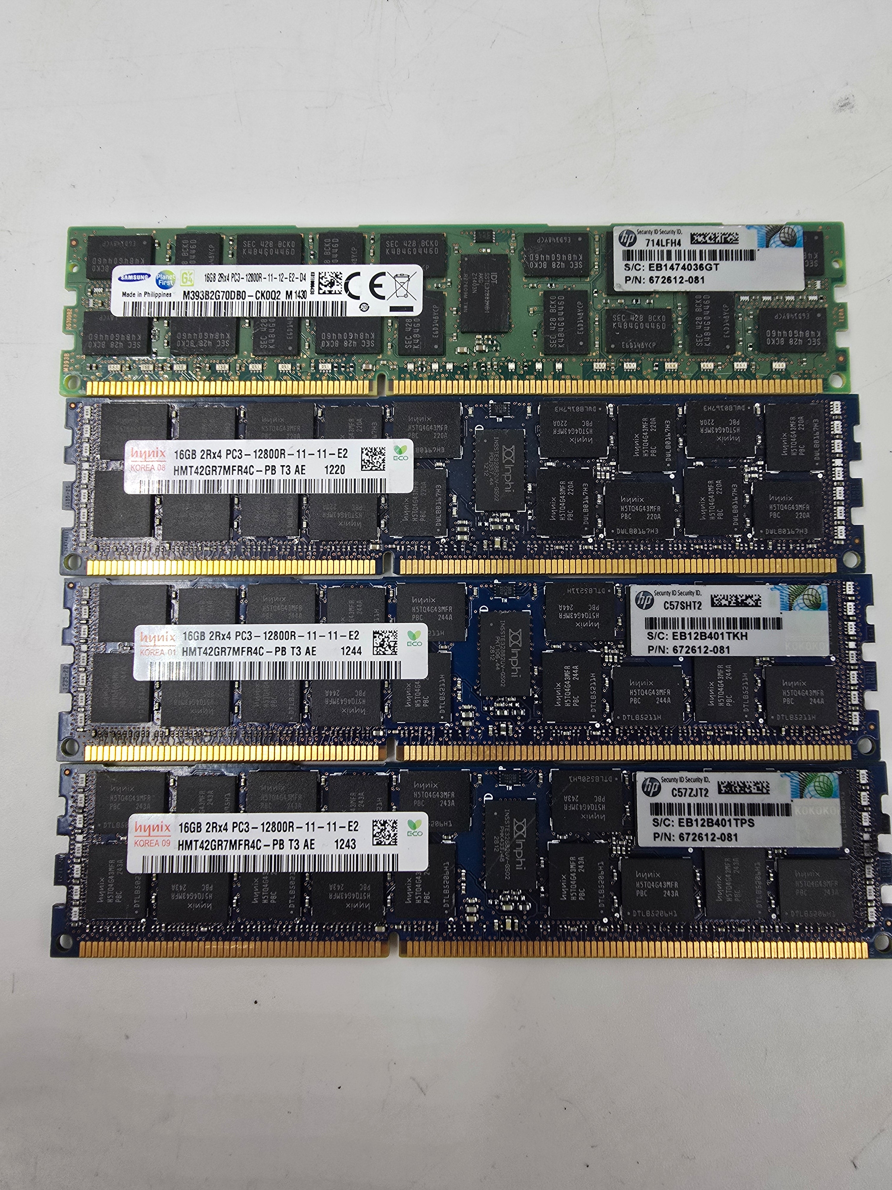 Server RAM 64GB (4x 16GB) 2Rx4 PC3 12800R Samsung SK Hynix Lot of Four