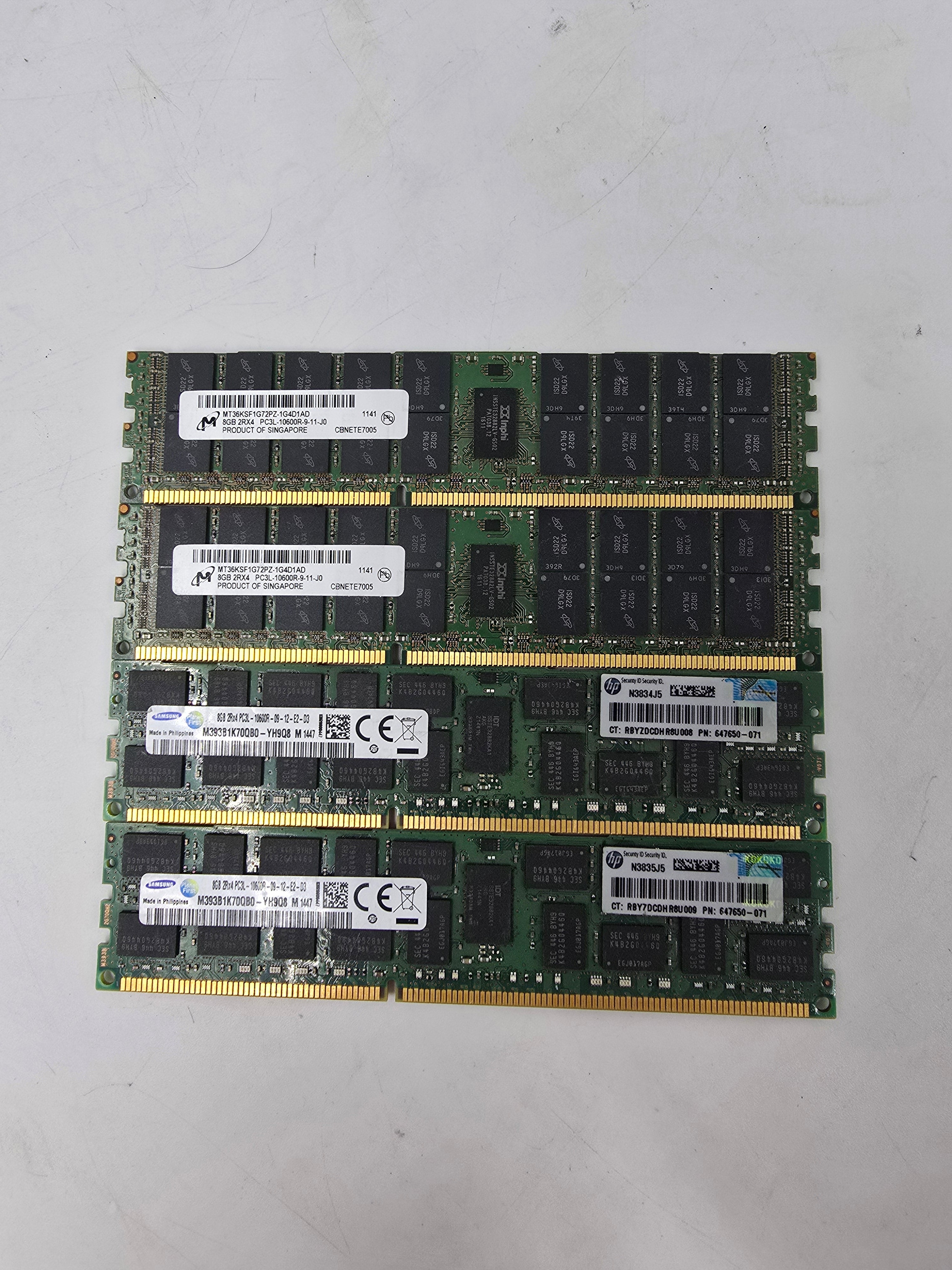 Server RAM 32GB (4x 8GB) 2Rx4 PC3L 10600R Samsung Micron Lot of Four