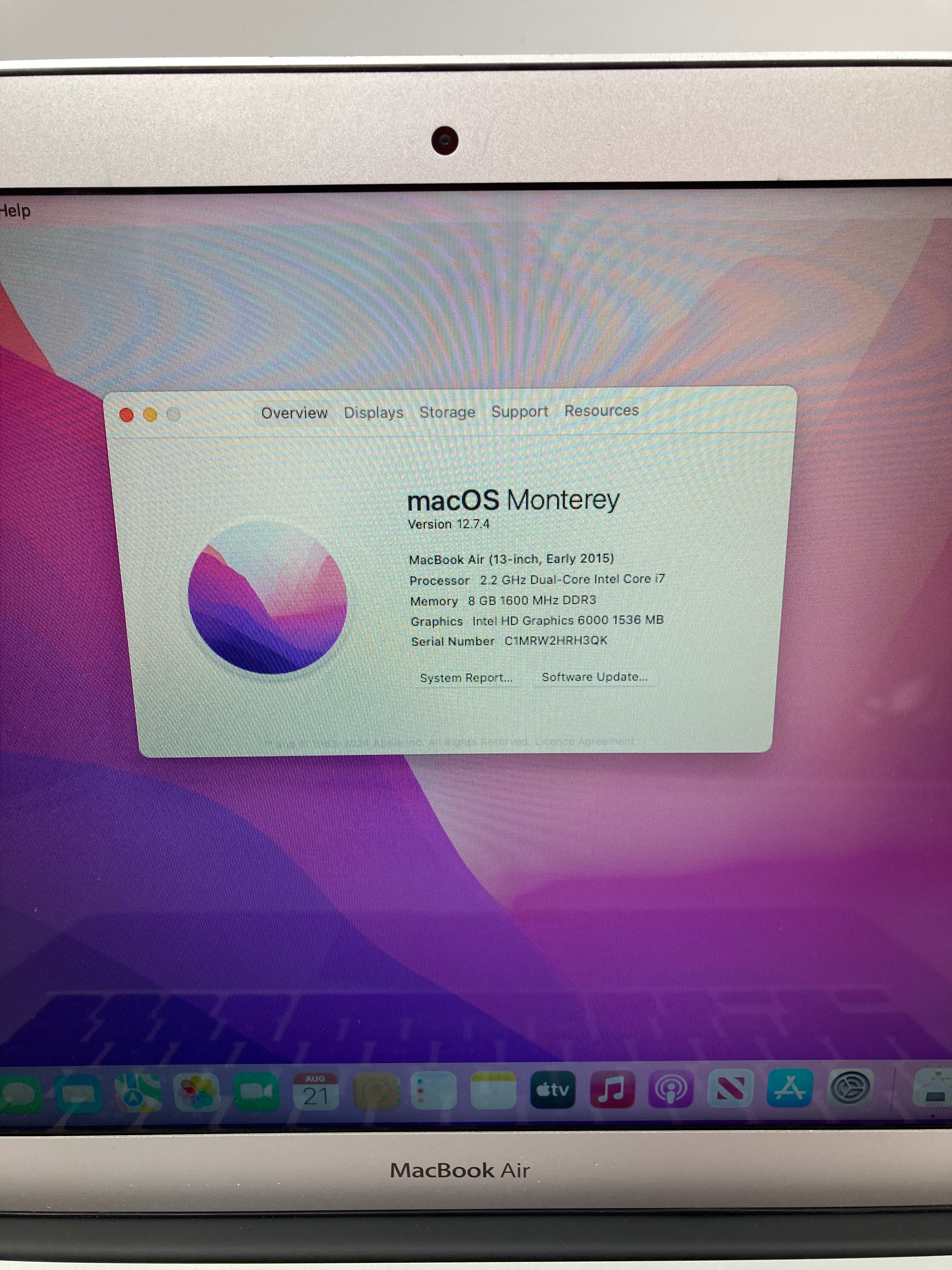 MacBook Air 13" 2015 A1466 EMC 2925 Intel Core i7 8GB RAM 500GB SSD Monterey OS