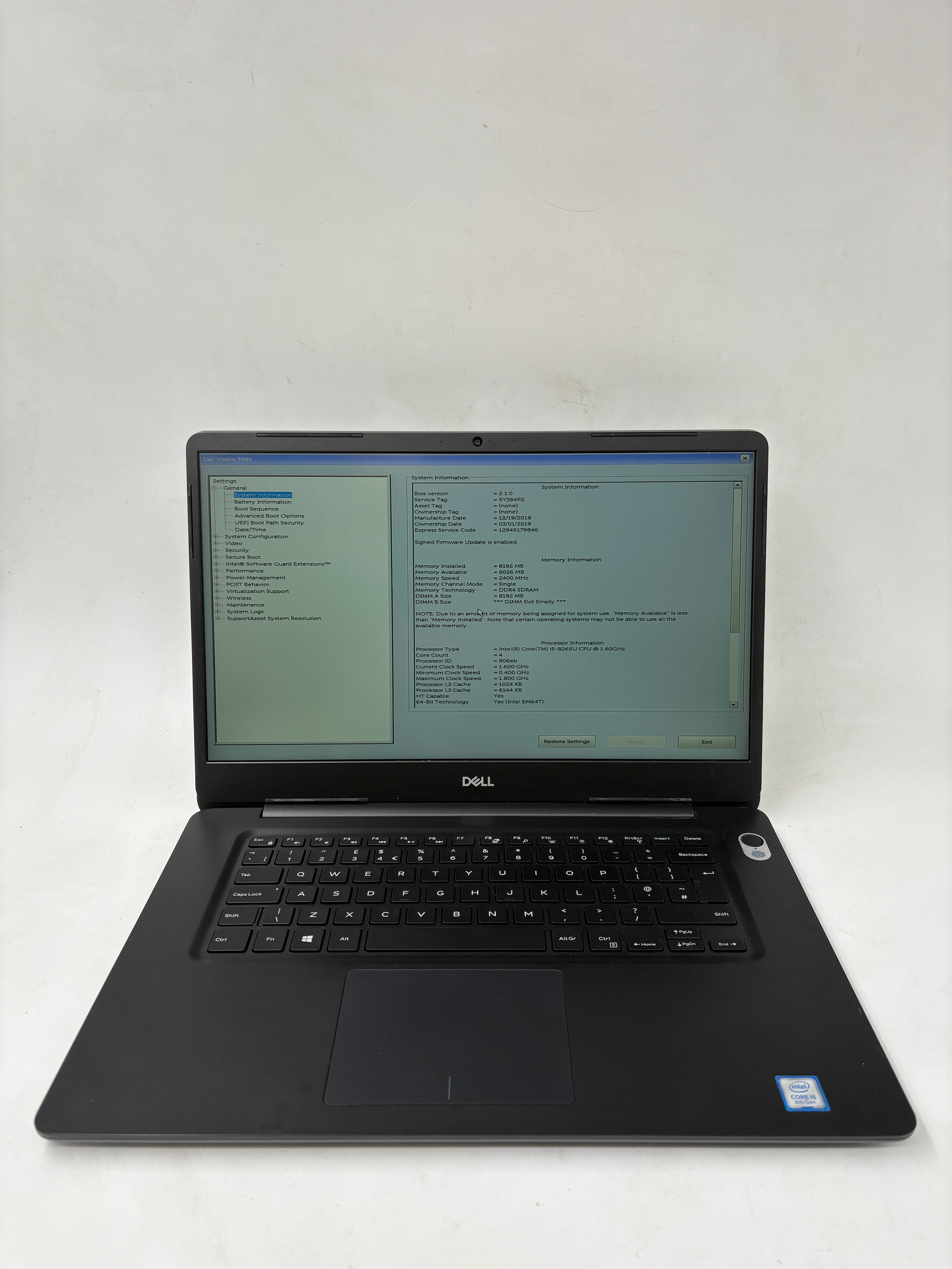 Dell Laptop Vostro 5581 15.6" Screen i5 8th Gen 8GB 128GB SSD W11