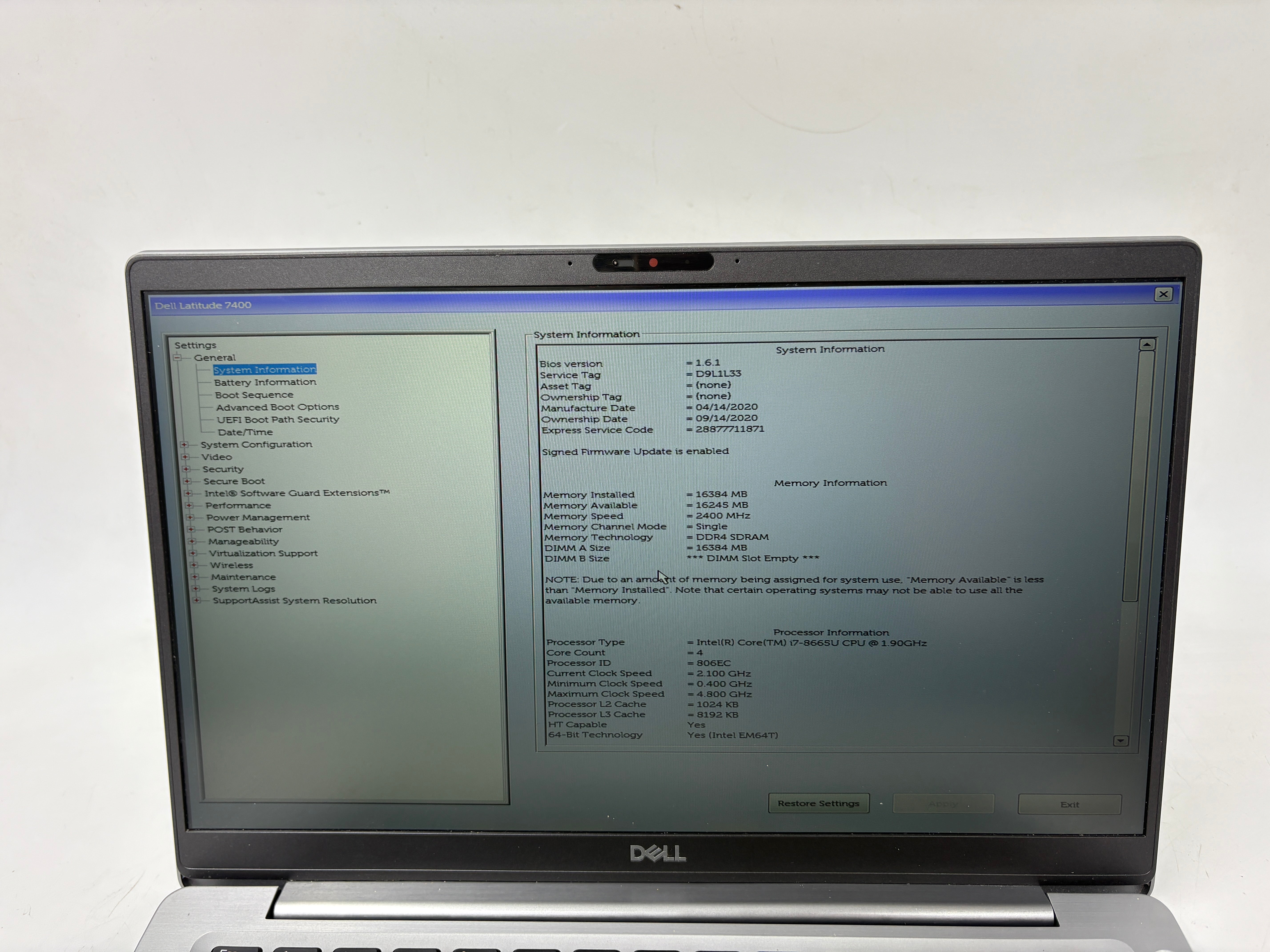Dell Laptop Latitude 7400 14" Screen i7 8th Gen 16GB RAM 512GB SSD W11