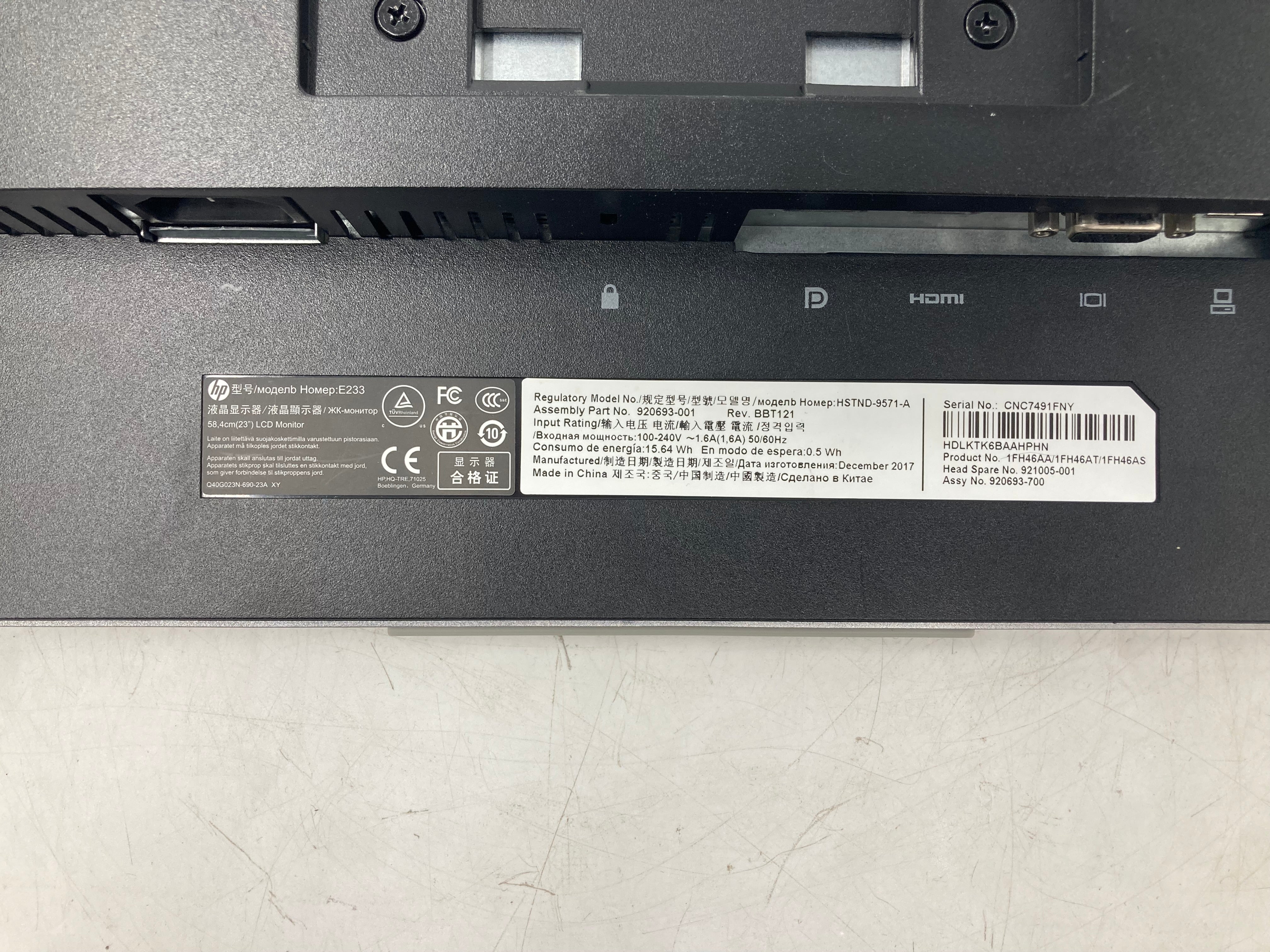 HP Monitor E233 23" VGA HDMI Display Port No Stand Batch of 4