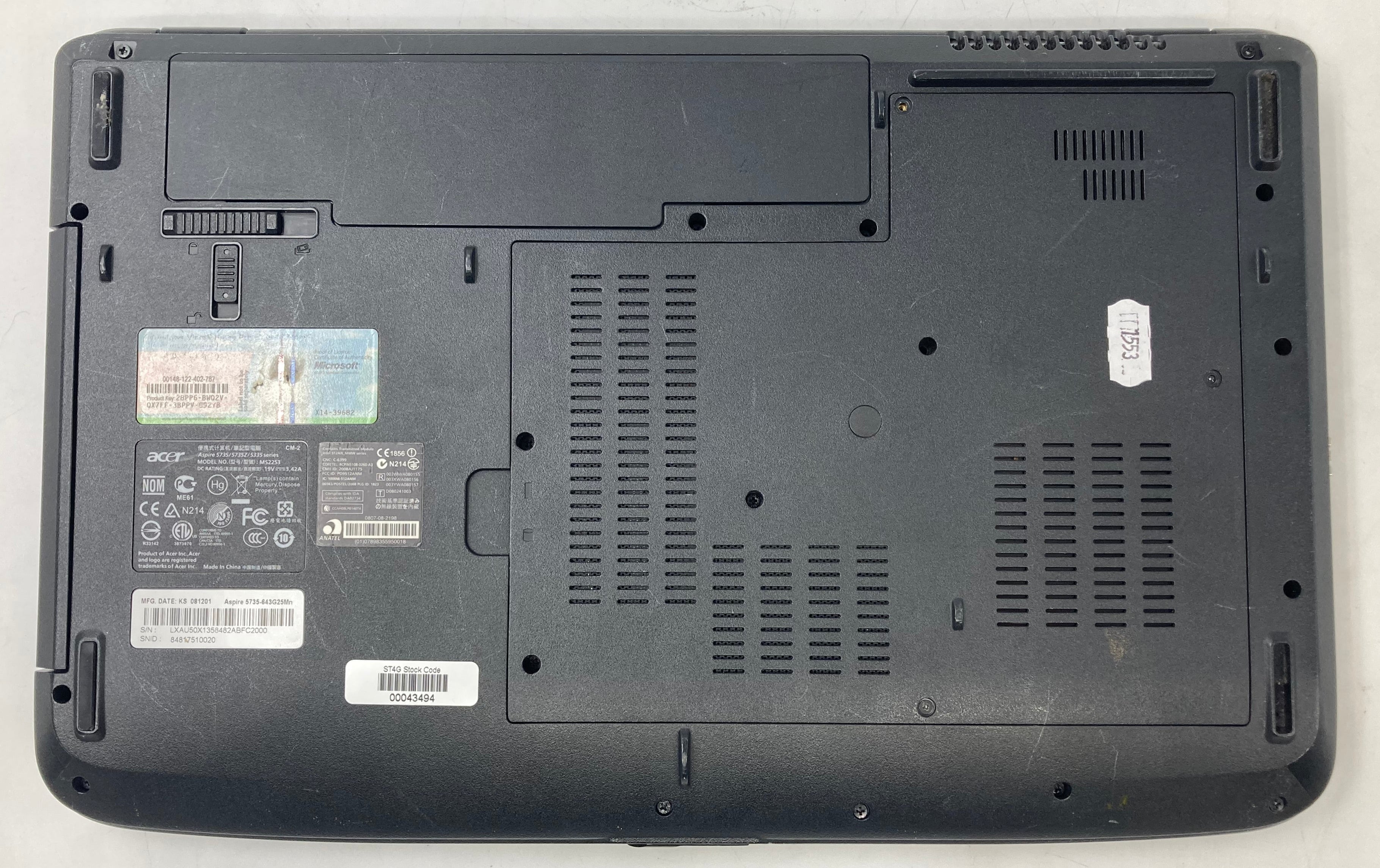 Acer Laptop Aspire 5735 15.6" Core 2 Duo T6400 3GB RAM No HDD *Spares*