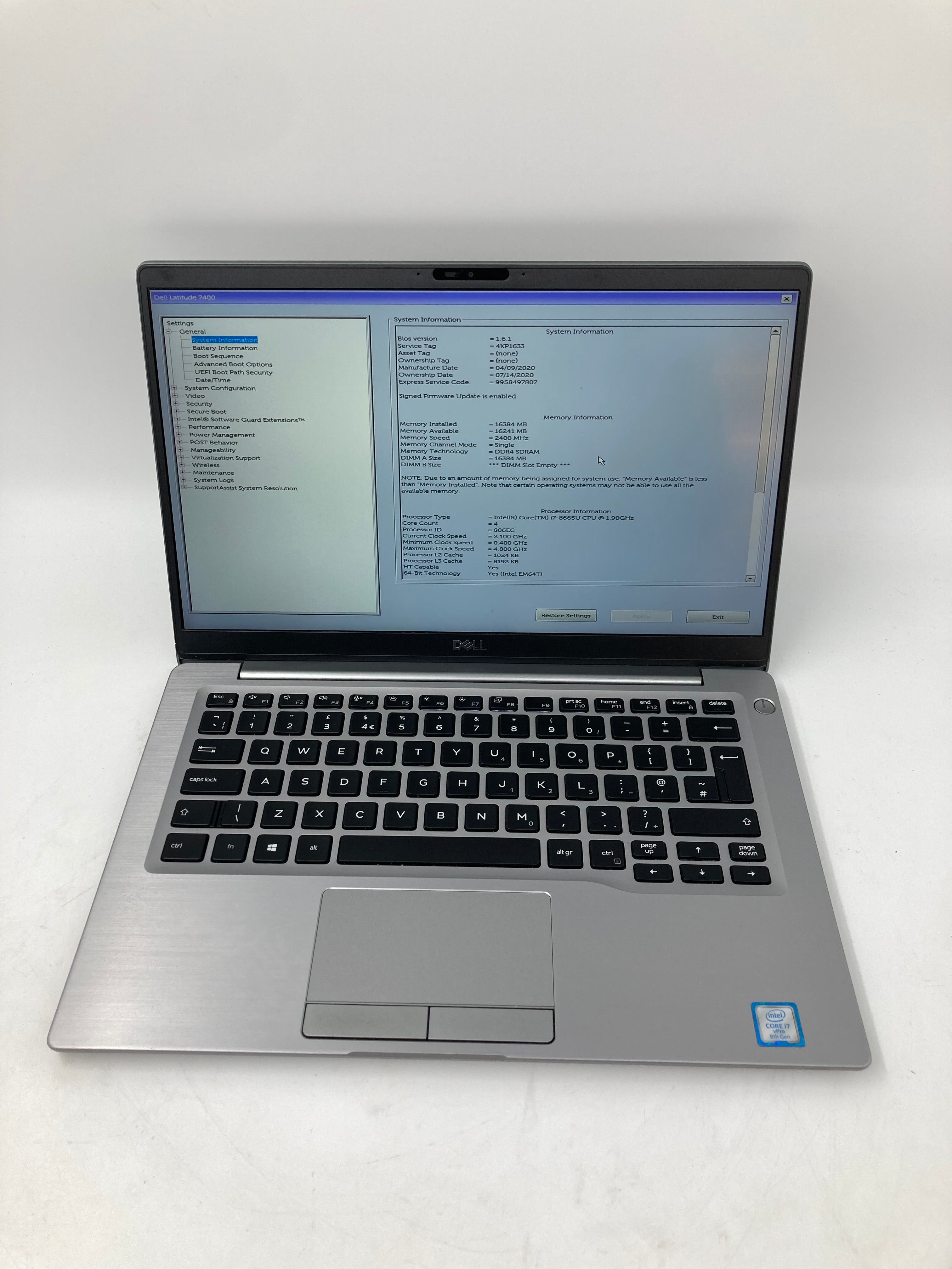 Dell Laptop Latitude 7400 14" i7 8th Gen 16GB RAM 512GB SSD No OS
