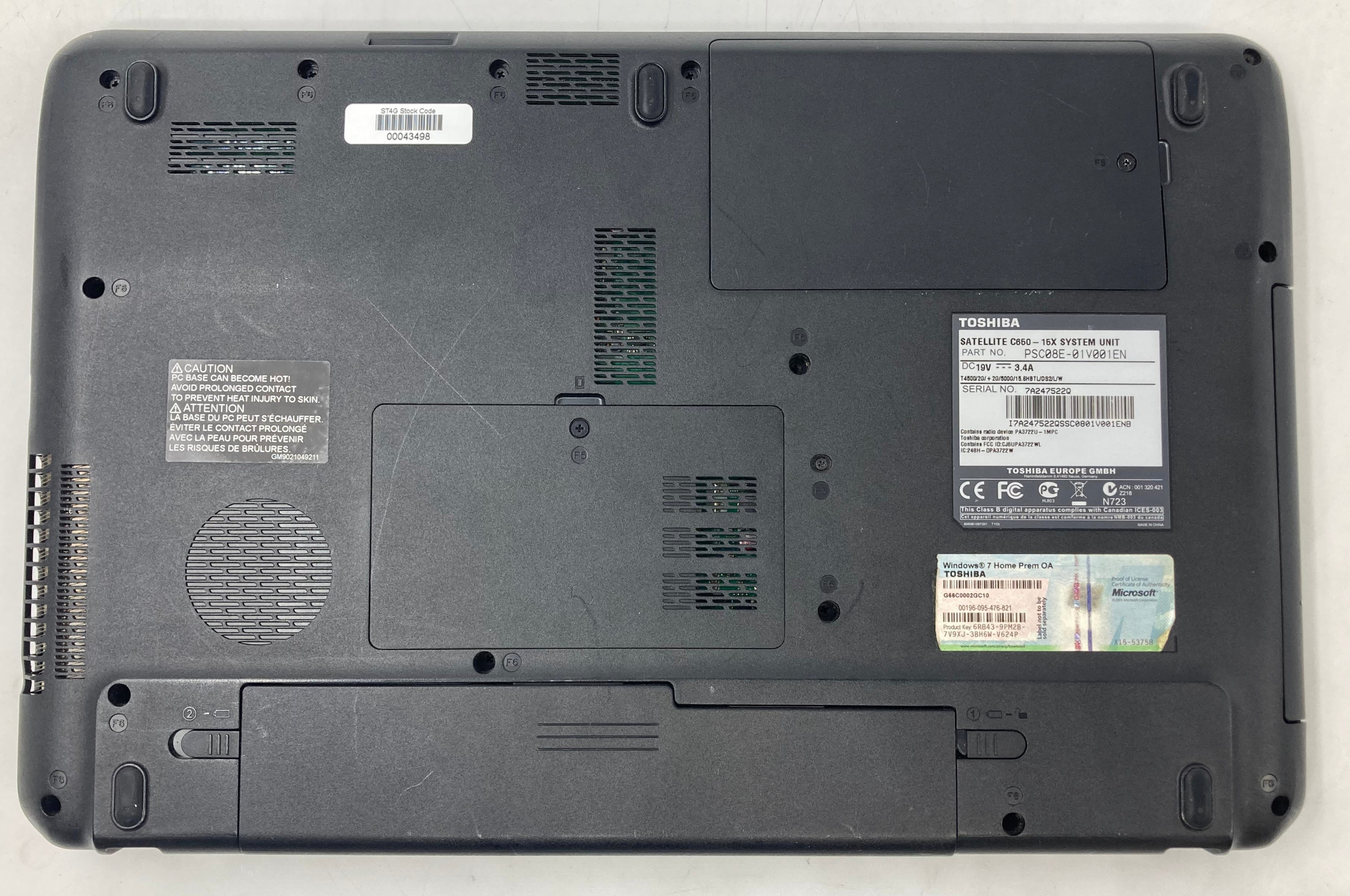 Toshiba Laptop Satellite C650-15X 15.6" Pentium T4500 4GB RAM No HDD *Spares*