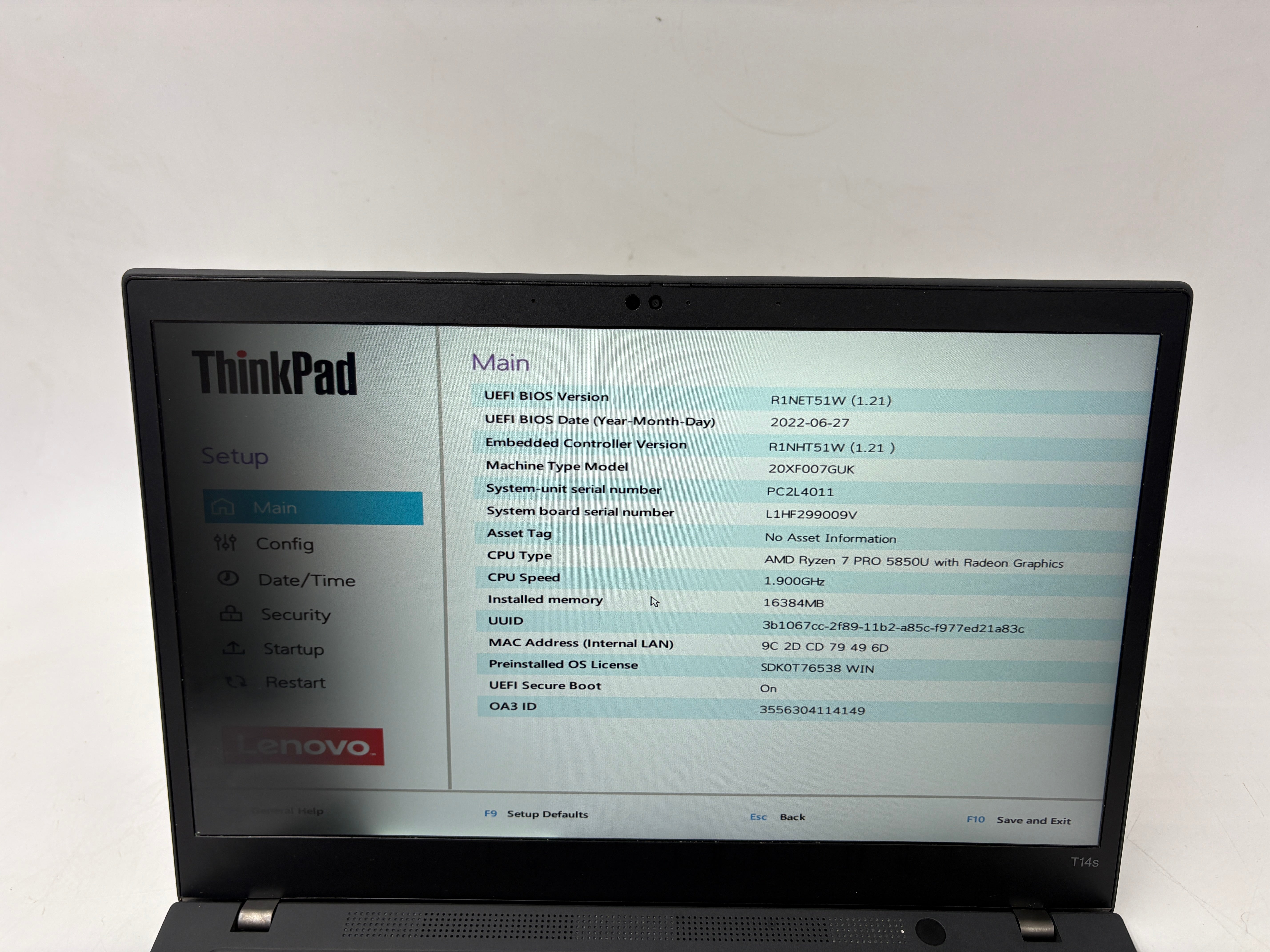 Lenovo Laptop ThinkPad T14S G2 14" Screen Ryzen PRO 5850U 16GB RAM 512GB SSD W11