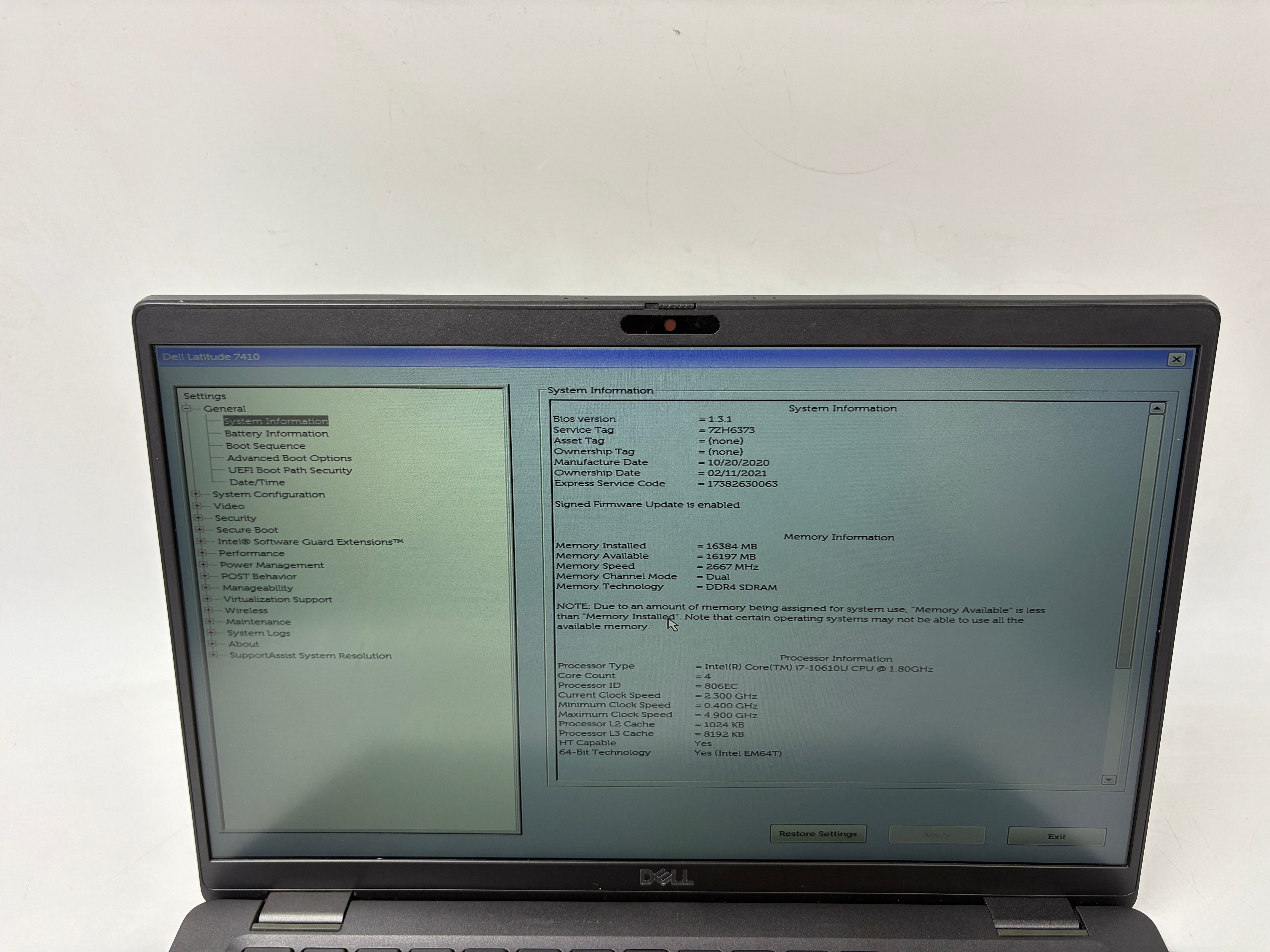 Dell Laptop Latitude 7410 14" Screen i7 10th Gen 16GB RAM NO SSD NO OS