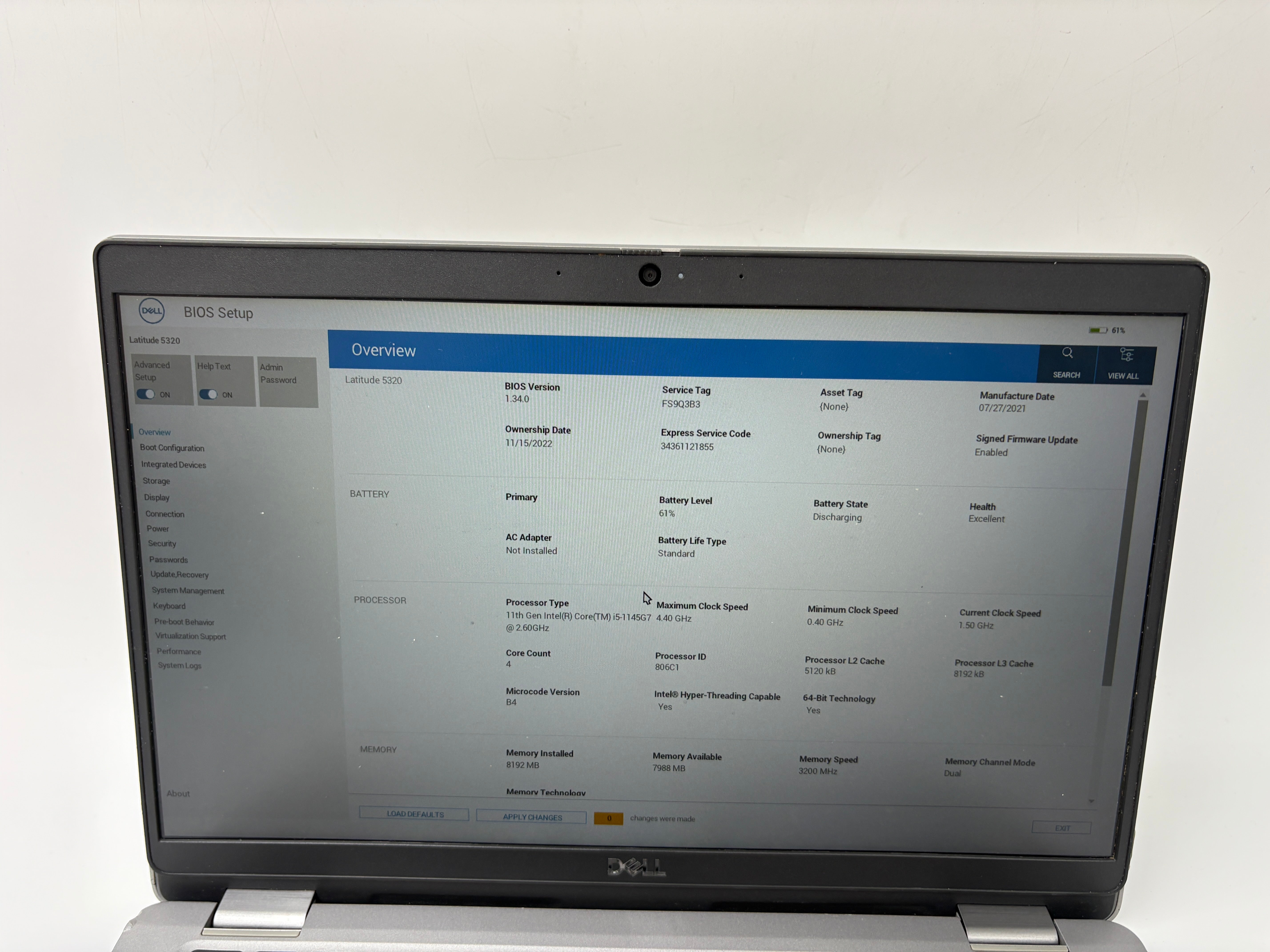 Dell Laptop Latitude 5320 13.3" Screen i5 11th Gen 8GB RAM No SSD No OS Spares