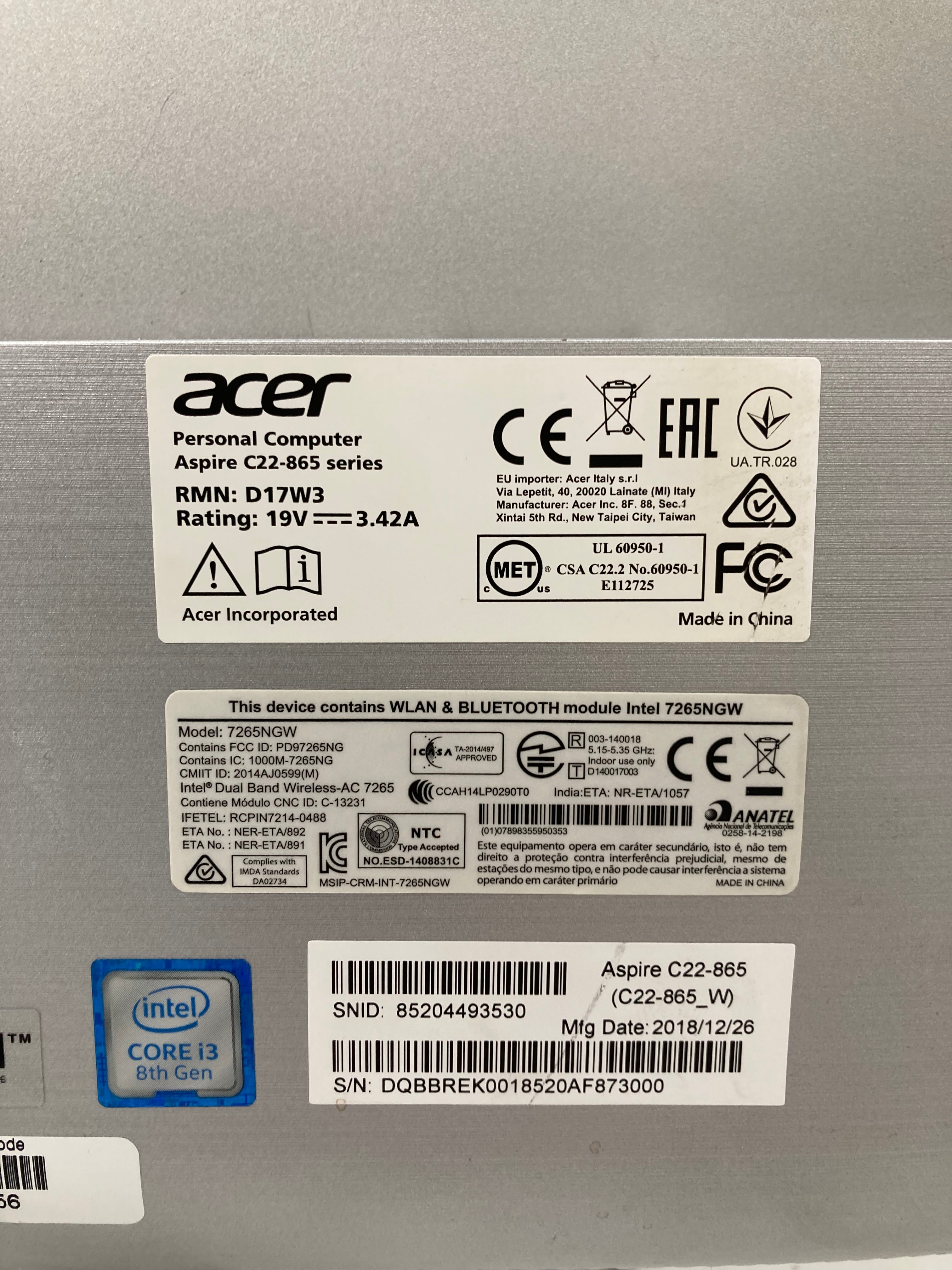 Acer All in One Aspire C22-865 22" i3 8th Gen 16GB RAM 500GB SSD W11 #2