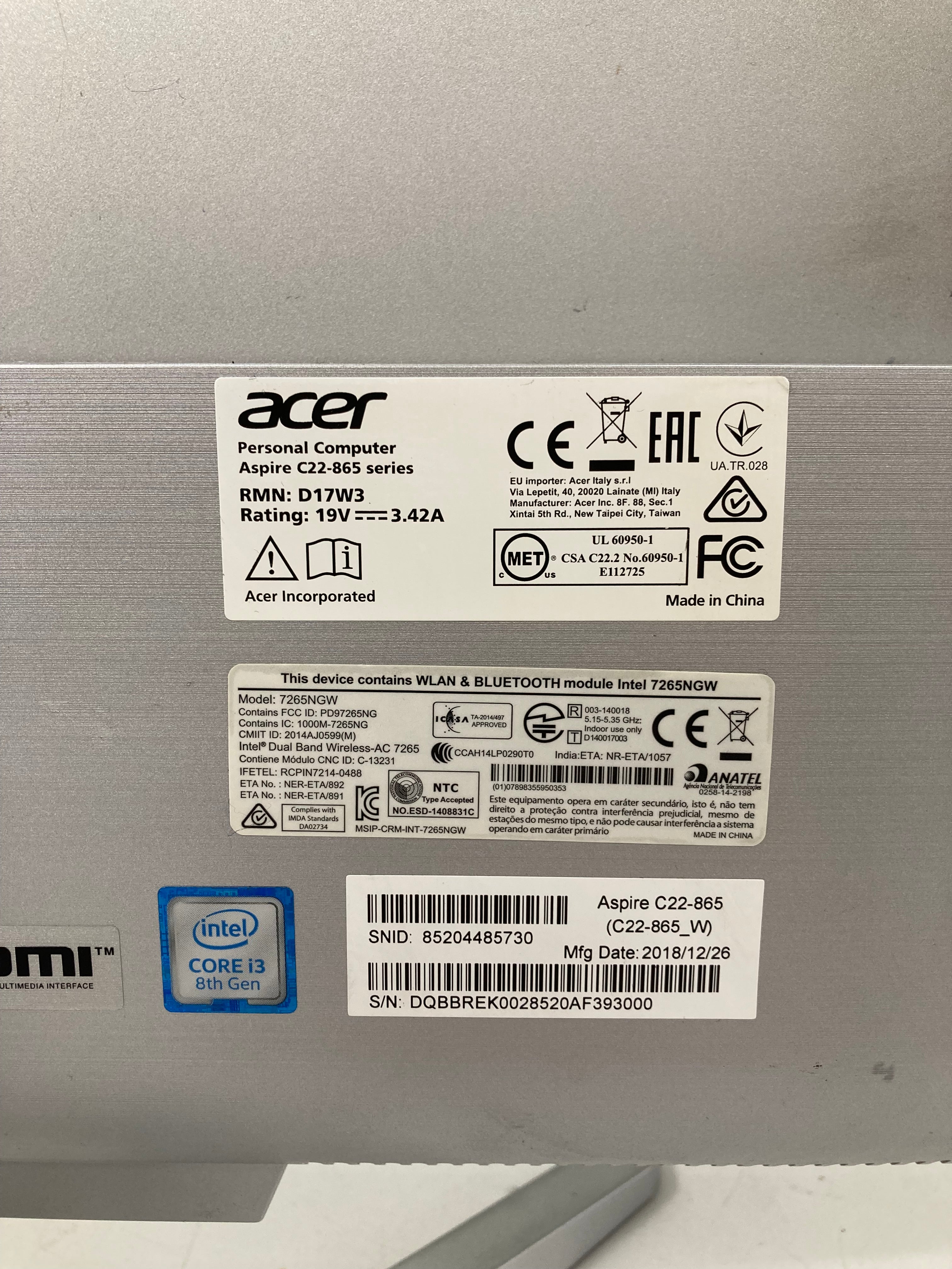 Acer All in One Aspire C22-865 22" i3 8th Gen 16GB RAM 500GB SSD W11 #1
