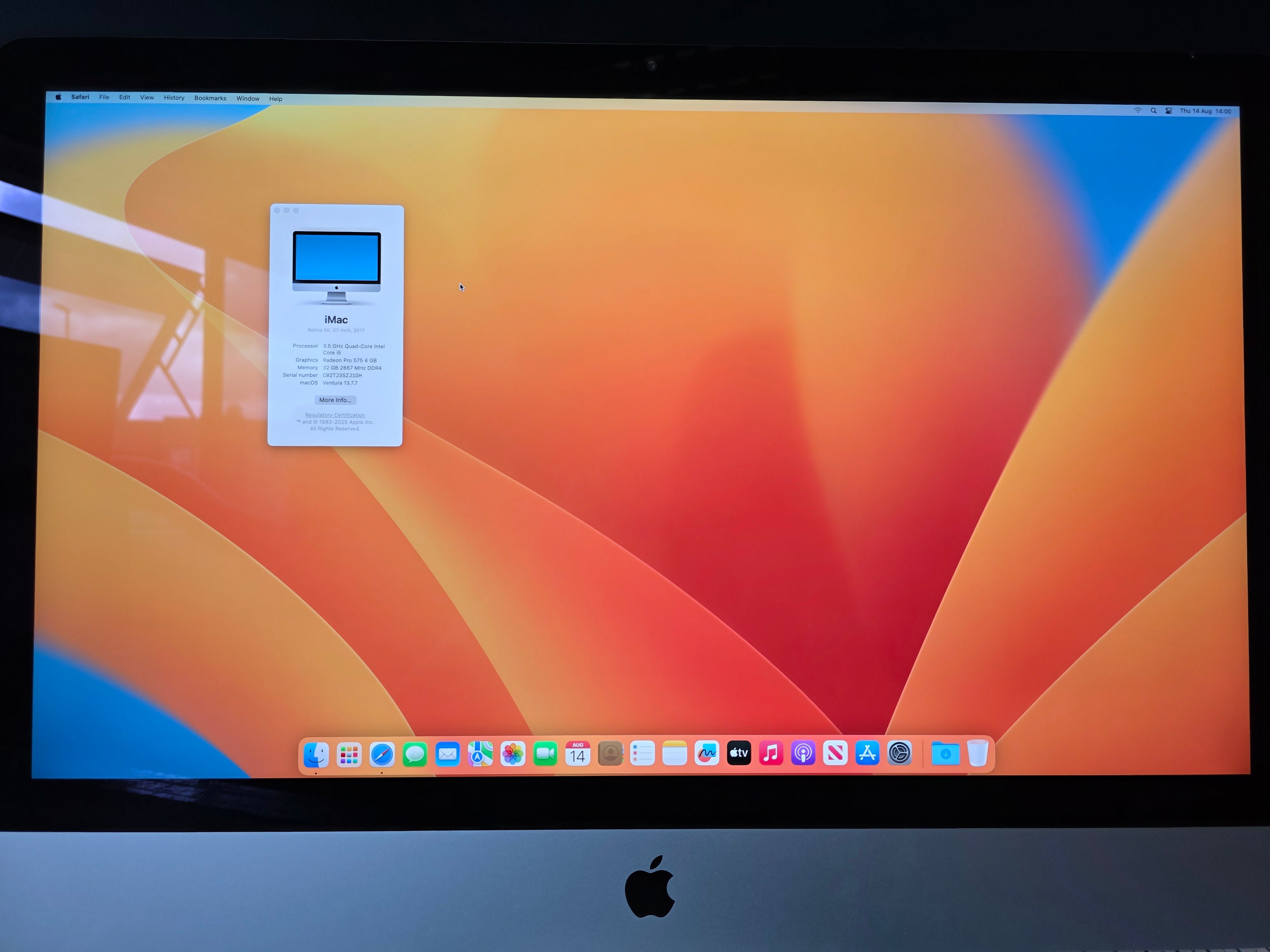 Apple iMac 27" 5K Screen 2017 i5 7th Gen 3.5GHz 32GB DDR4 1TB HDD Ventura