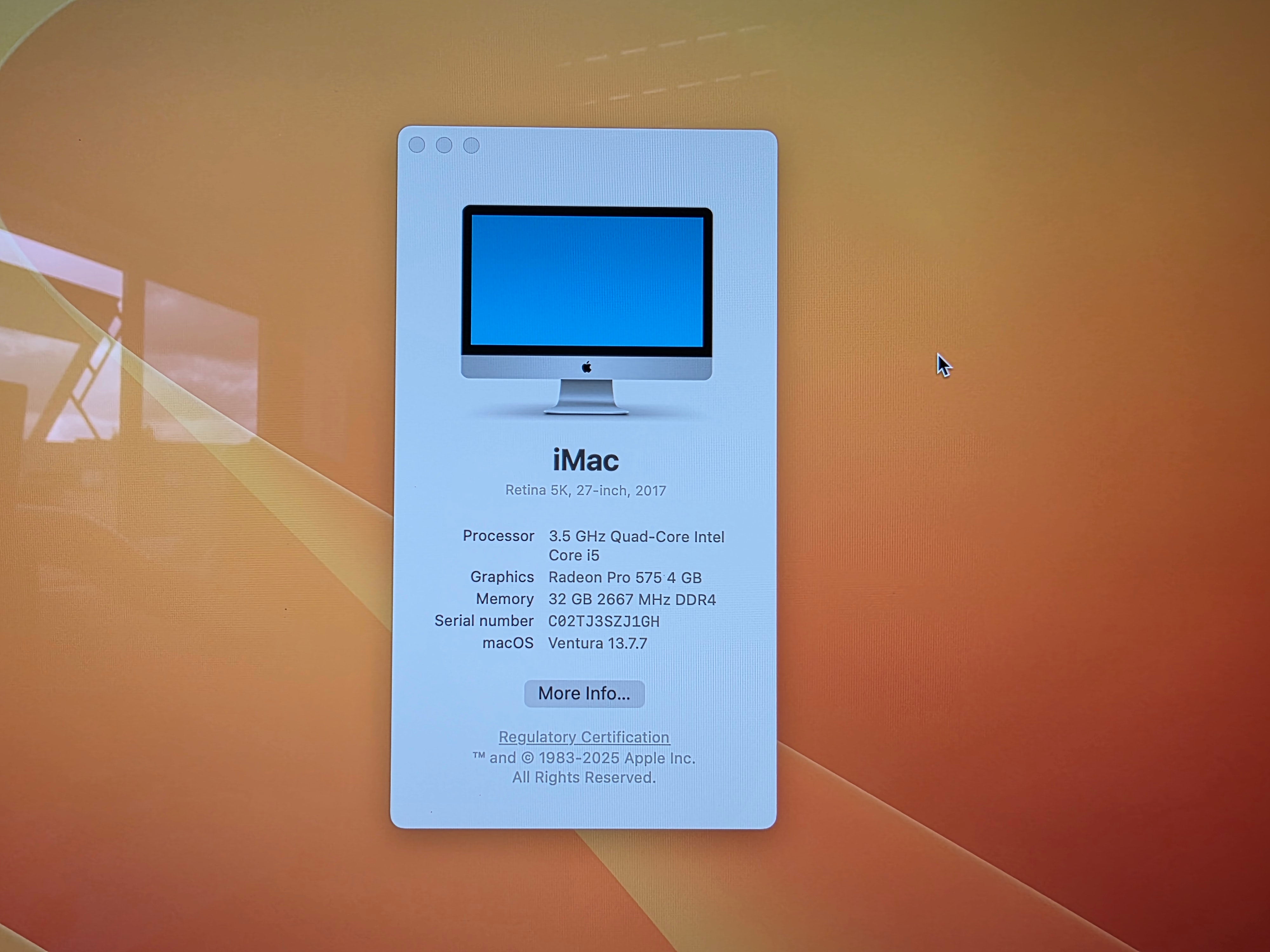 Apple iMac 27" 5K Screen 2017 i5 7th Gen 3.5GHz 32GB DDR4 1TB HDD Ventura