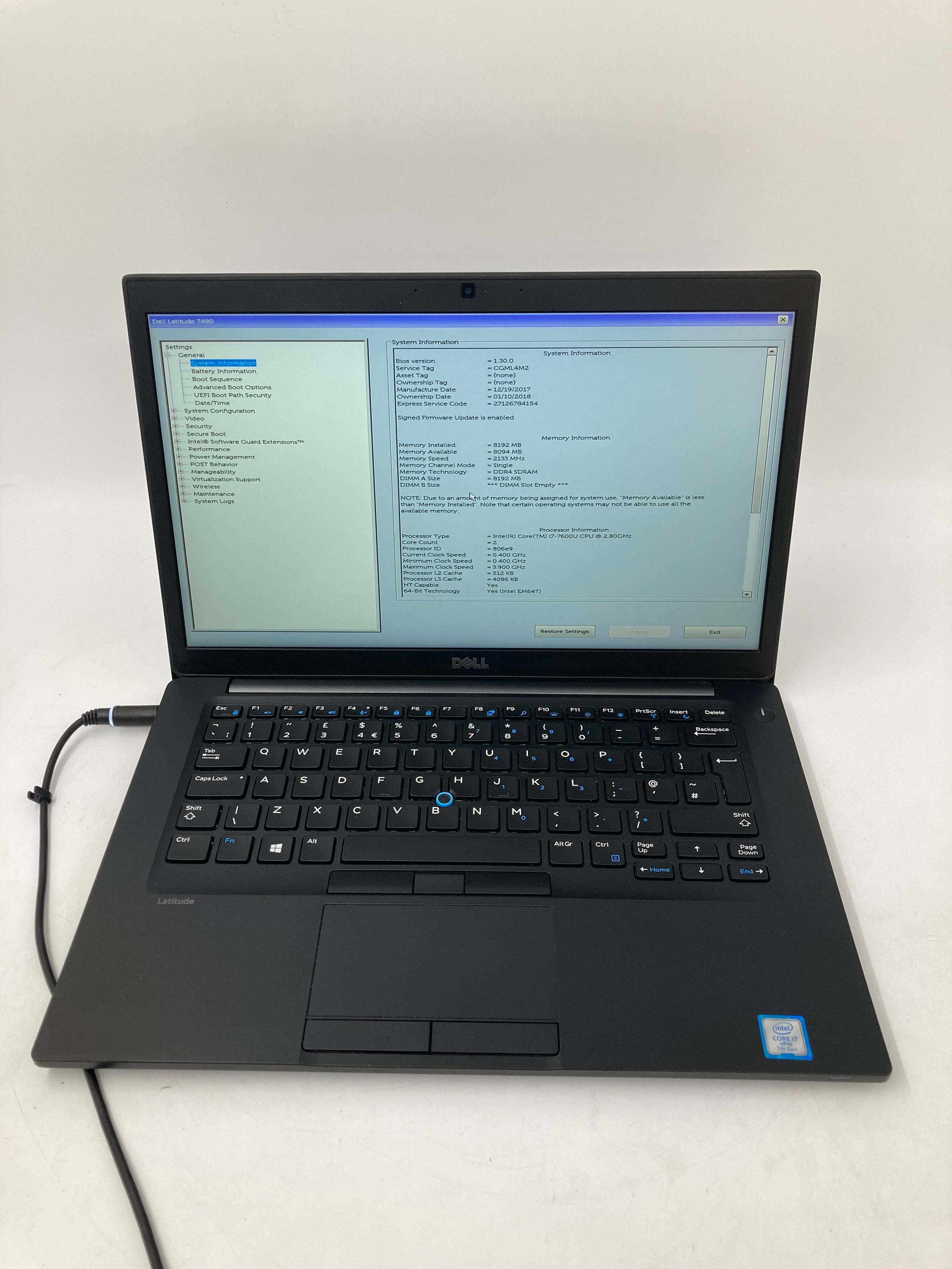 Dell Laptop Latitude 7480 14" i7 7th Gen 8GB RAM No HDD No OS *Spares*