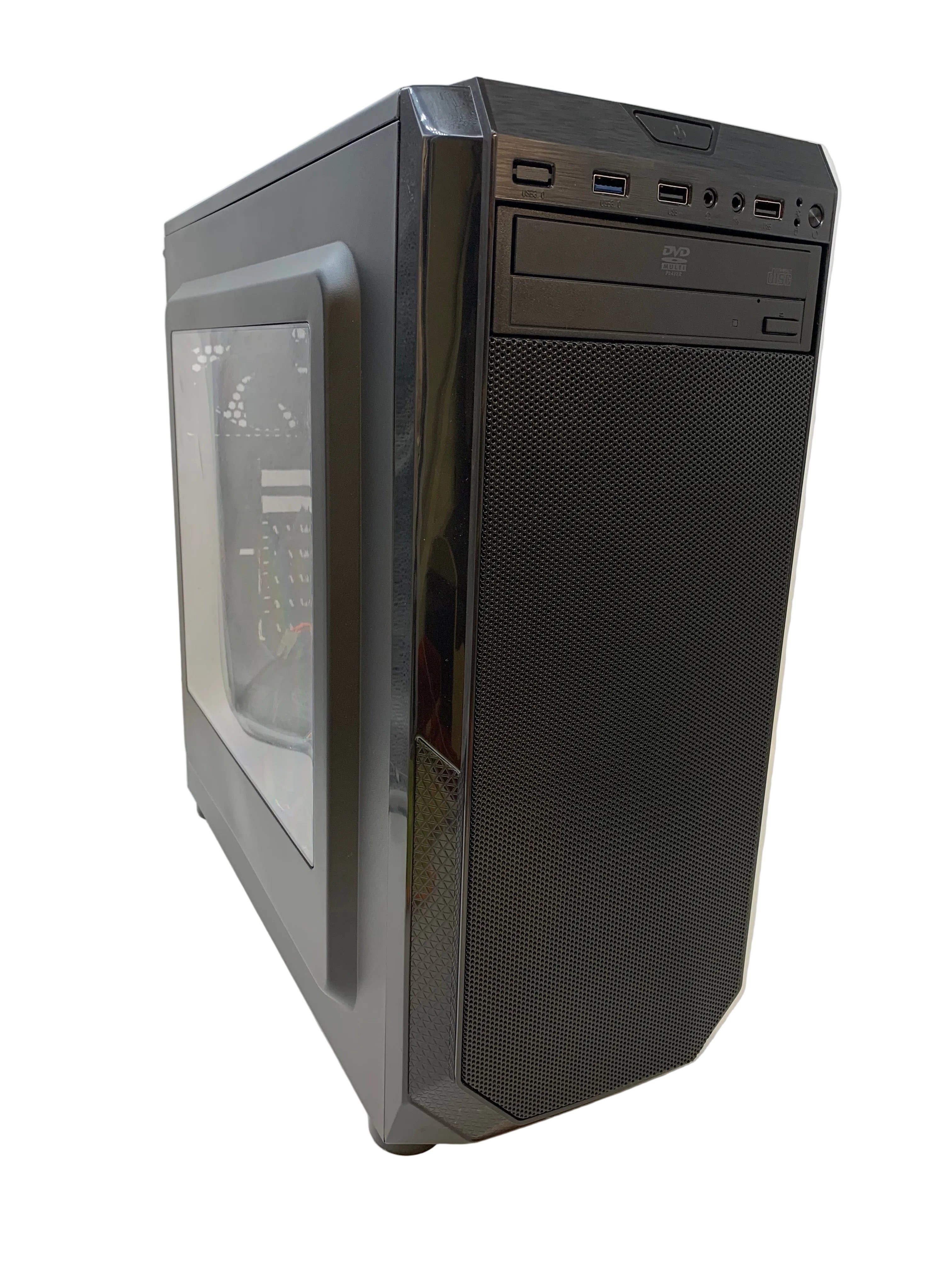 PC Case With Corsair CX600M Power Supply, CD Player, 3x Fans, and Wires